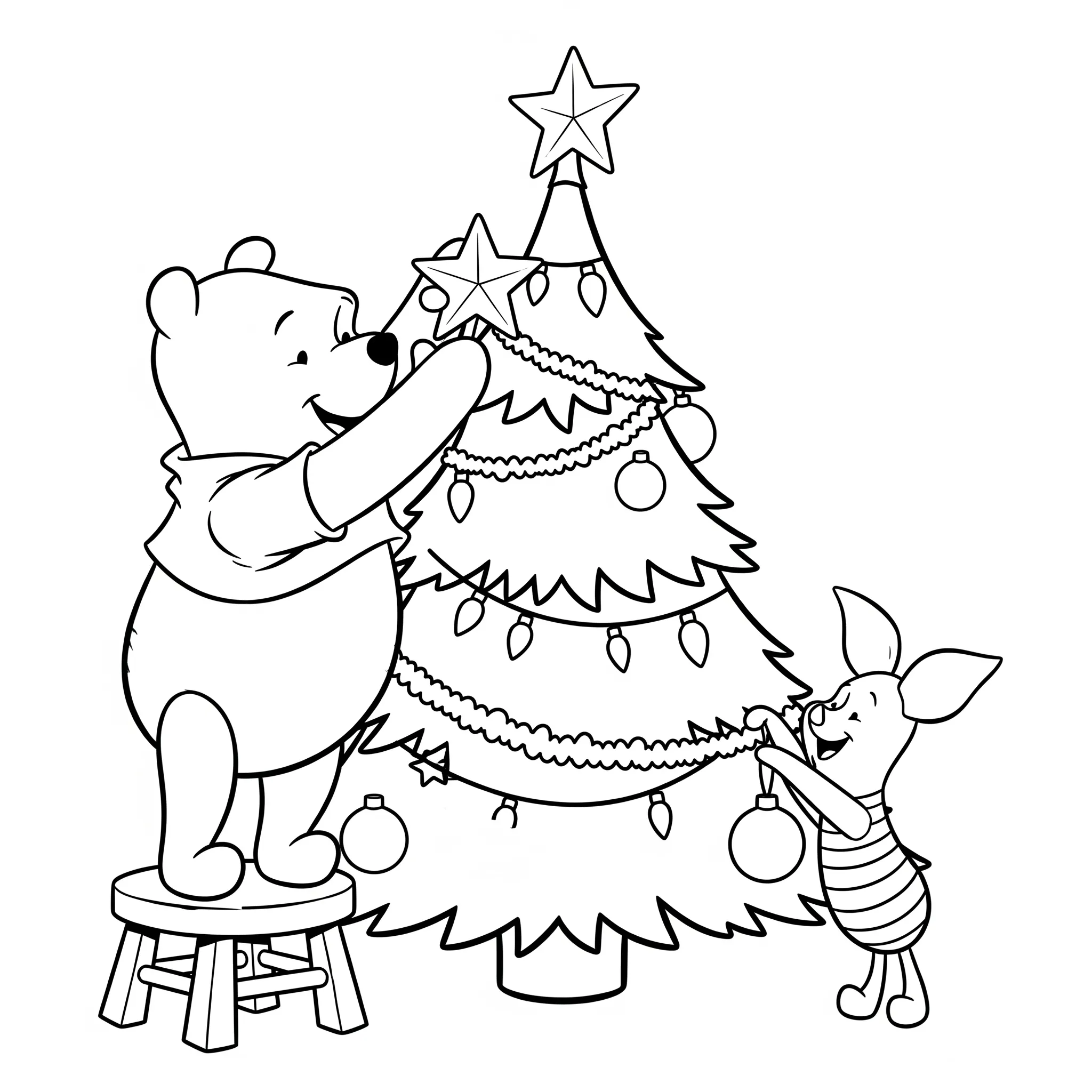coloriage Winnie l’ourson et Porcinet décorent le sapin pour enfants à télécharger