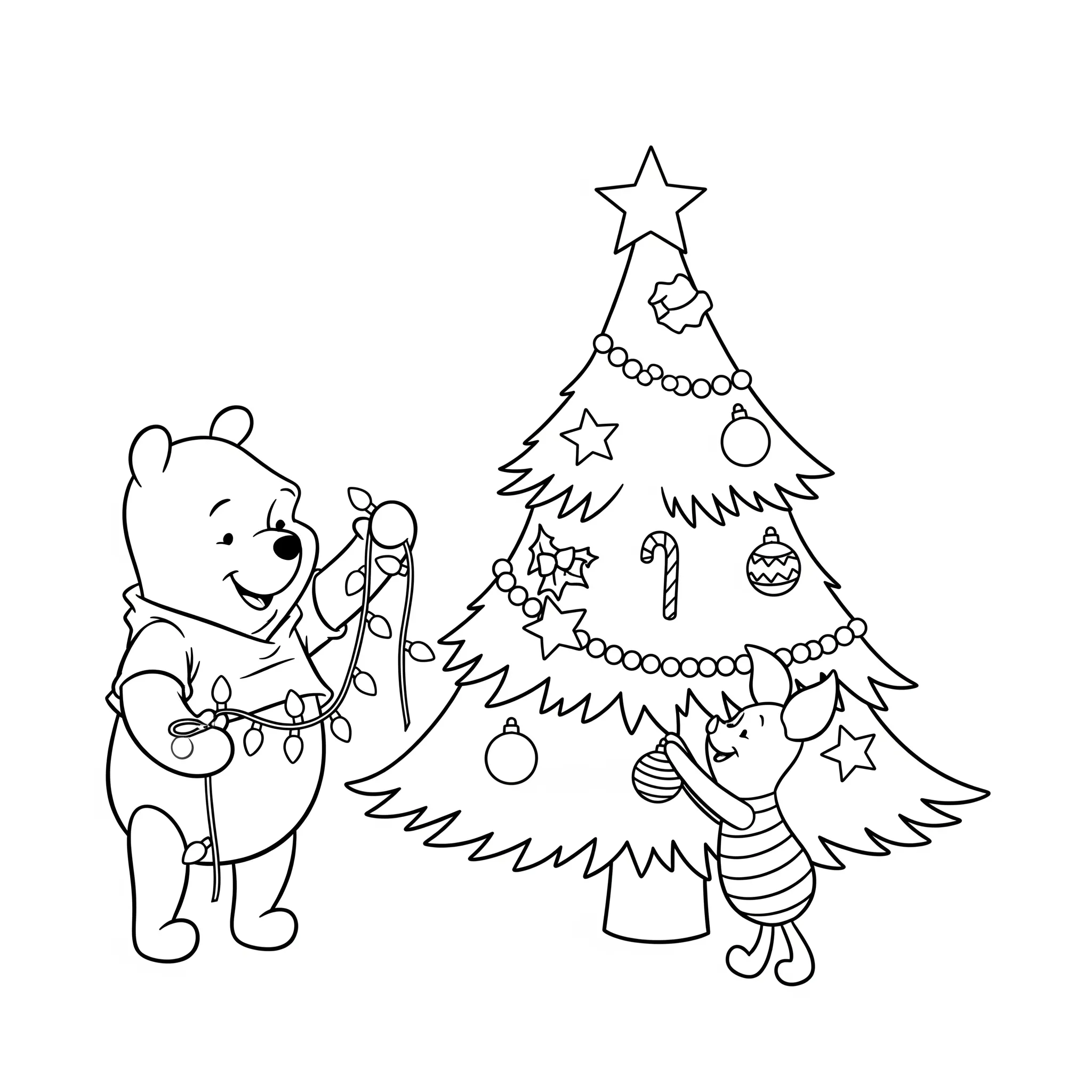 coloriage Winnie et Porcinet décorent le sapin à imprimer pdf gratuit