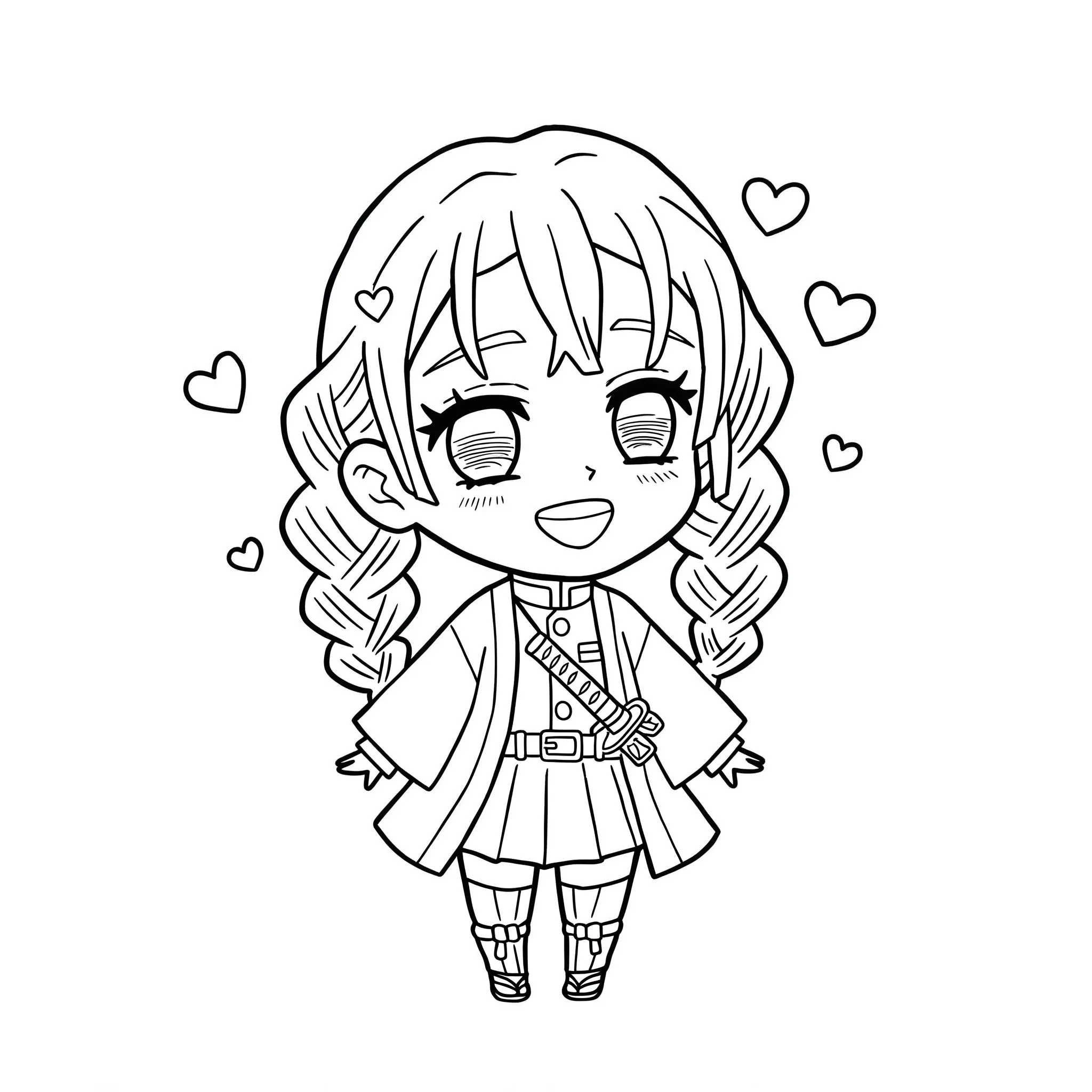 coloriage Chibi Mitsuri avec des cœurs à imprimer a4