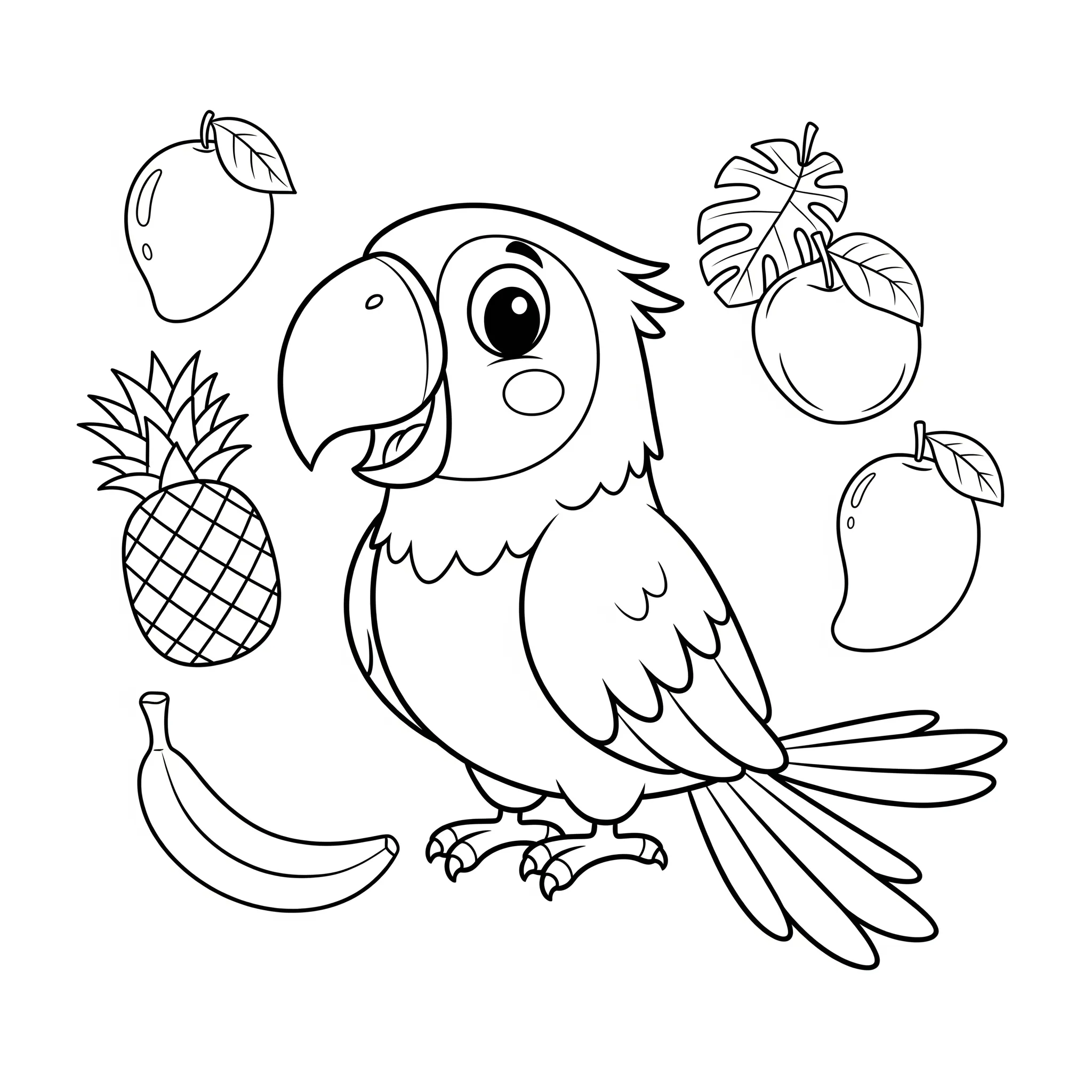 coloriage Perroquet et ses fruits tropicaux à imprimer