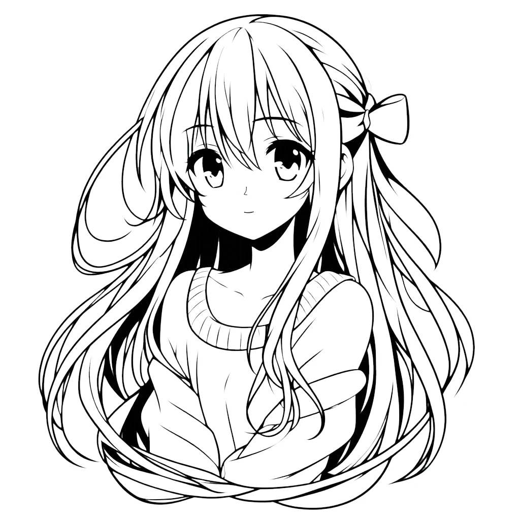 image pour coloriage Fille Anime Aux Cheveux Longs enfant