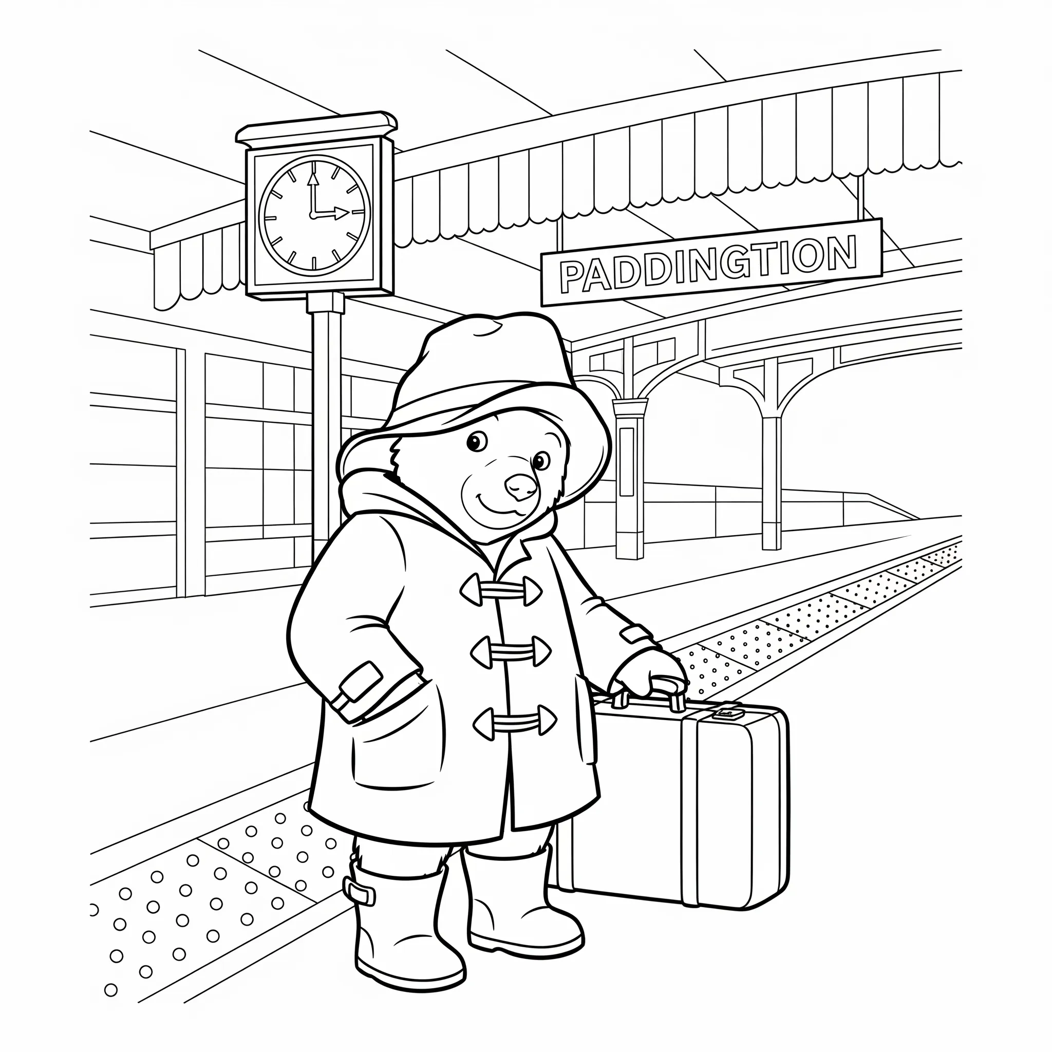 coloriage L’Ours Paddington à la gare de Paddington à imprimer kawaii