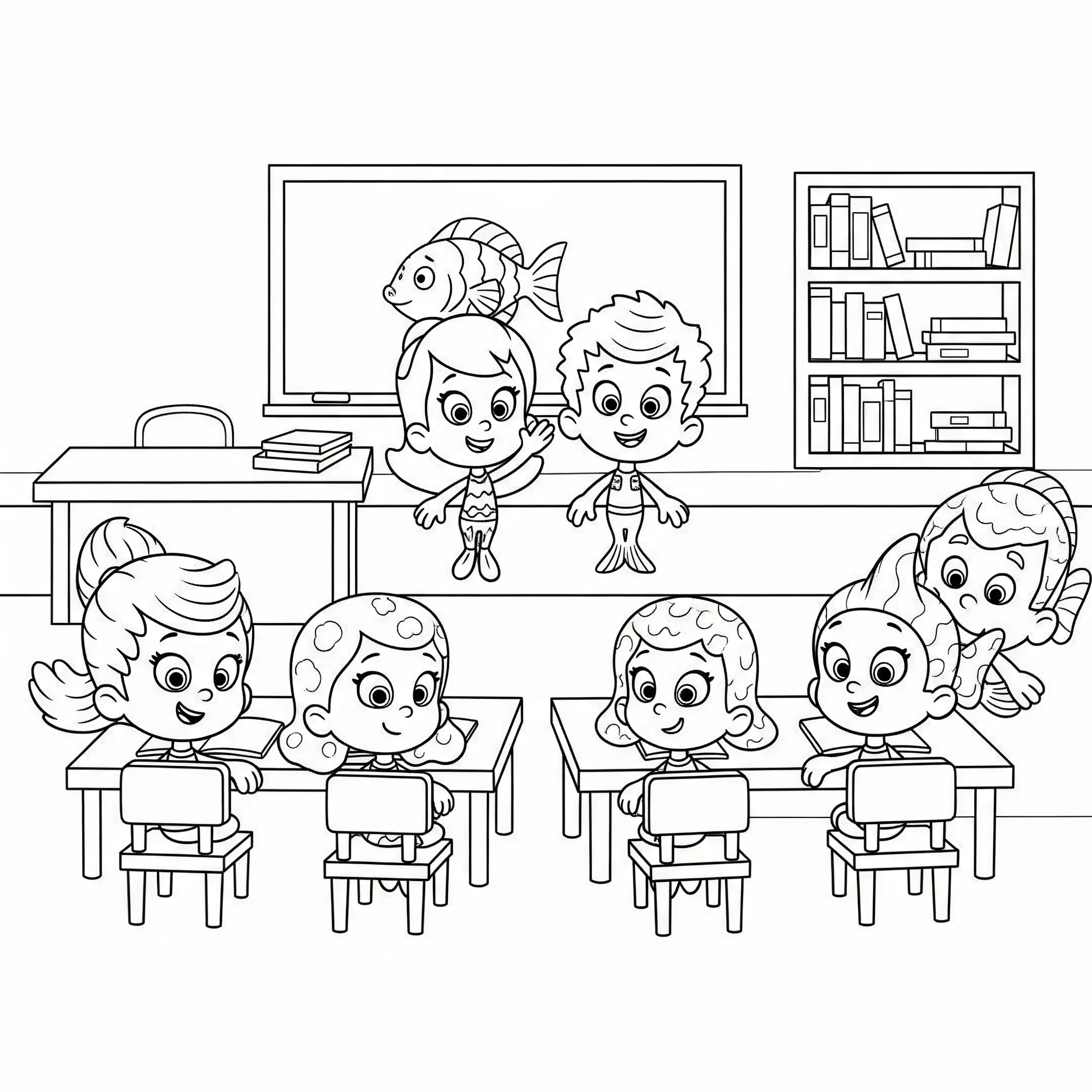 coloriage Les Bubble Guppies dans leur classe pour primaire