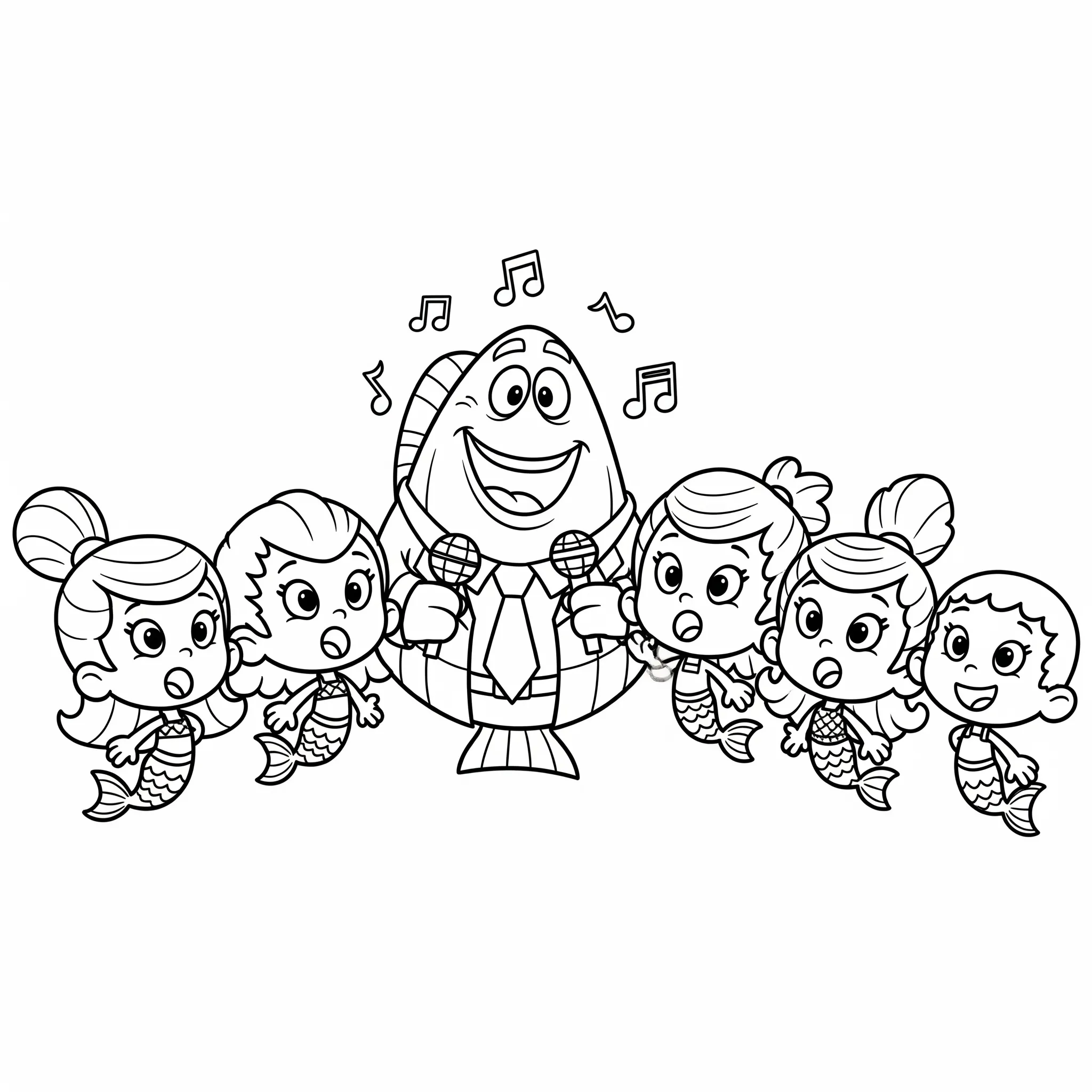 coloriage Mr. Grouper et les Guppies qui chantent à imprimer kawaii