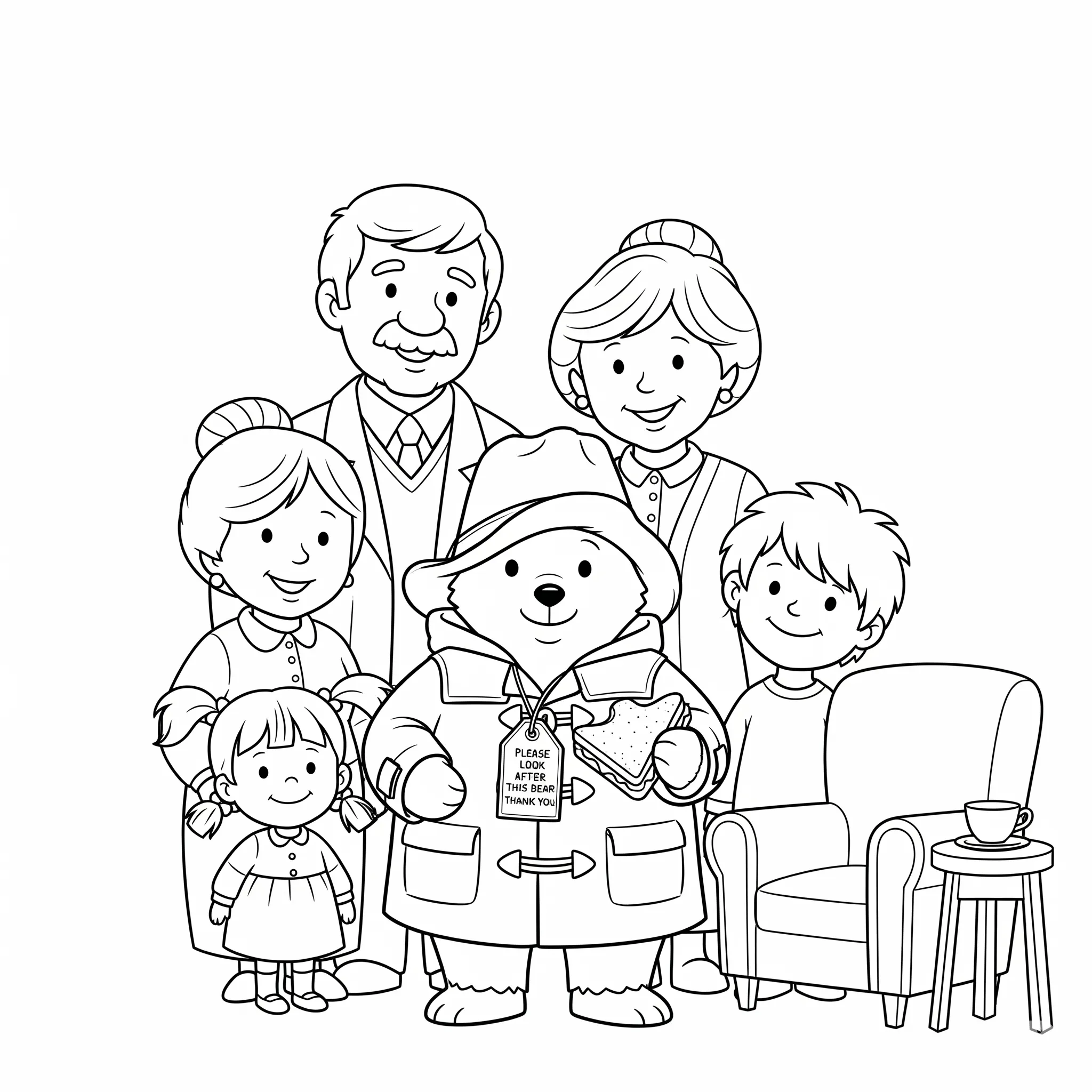 coloriage Paddington et l’ours de la famille Brown à imprimer pdf gratuit