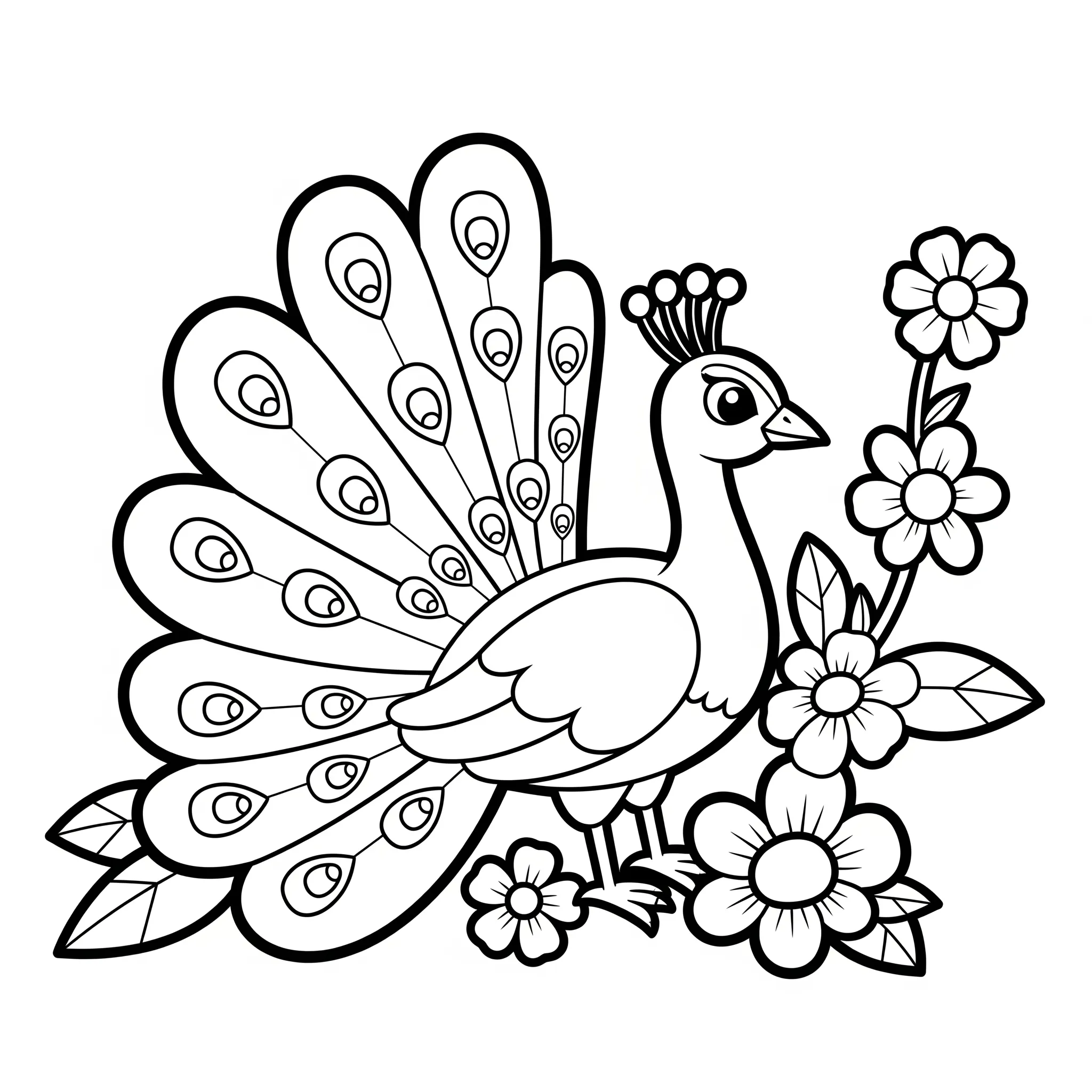 coloriage Paon Blanche et Fleurs Simples gratuit en ligne