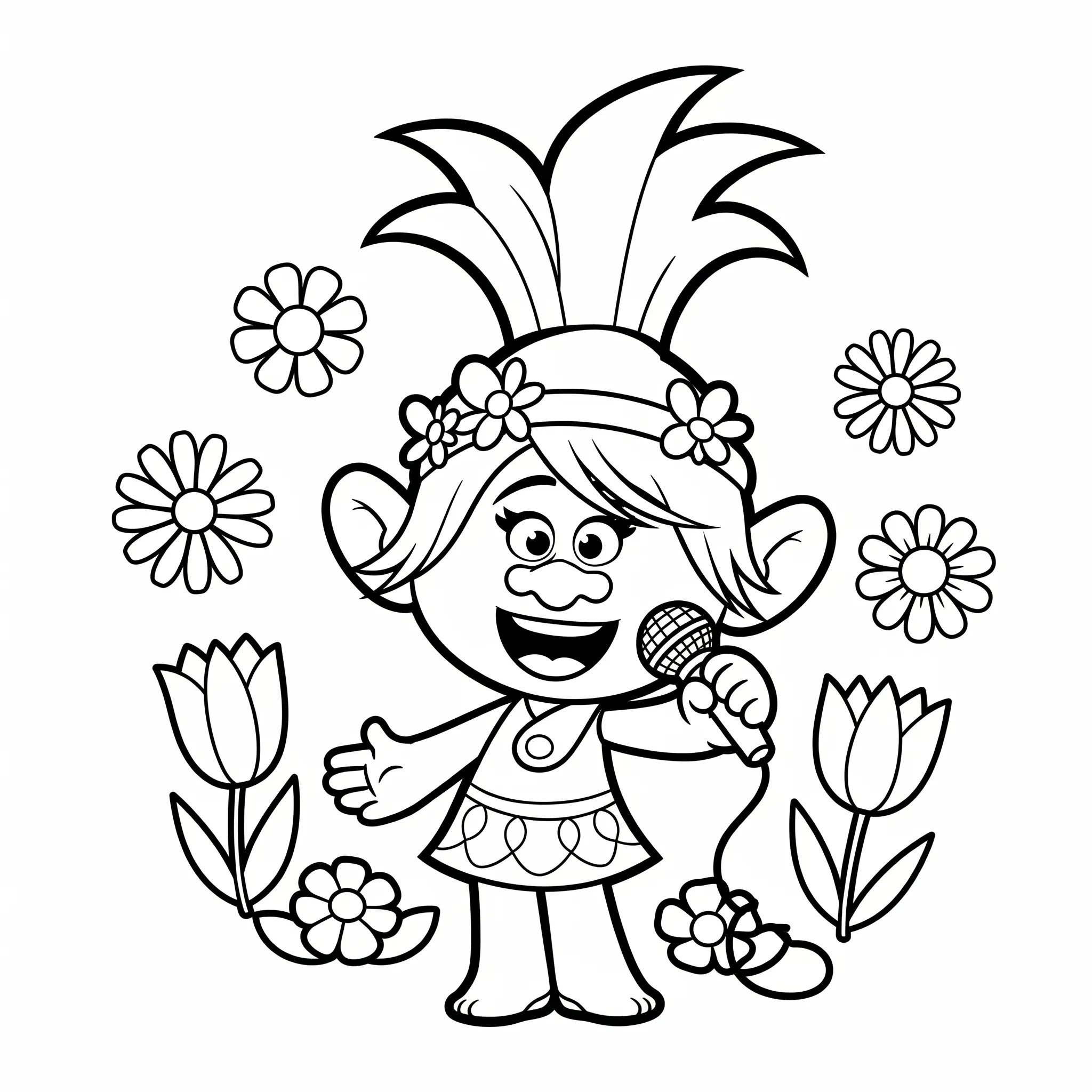 coloriage Poppy chantant avec des fleurs et dessin a imprimer