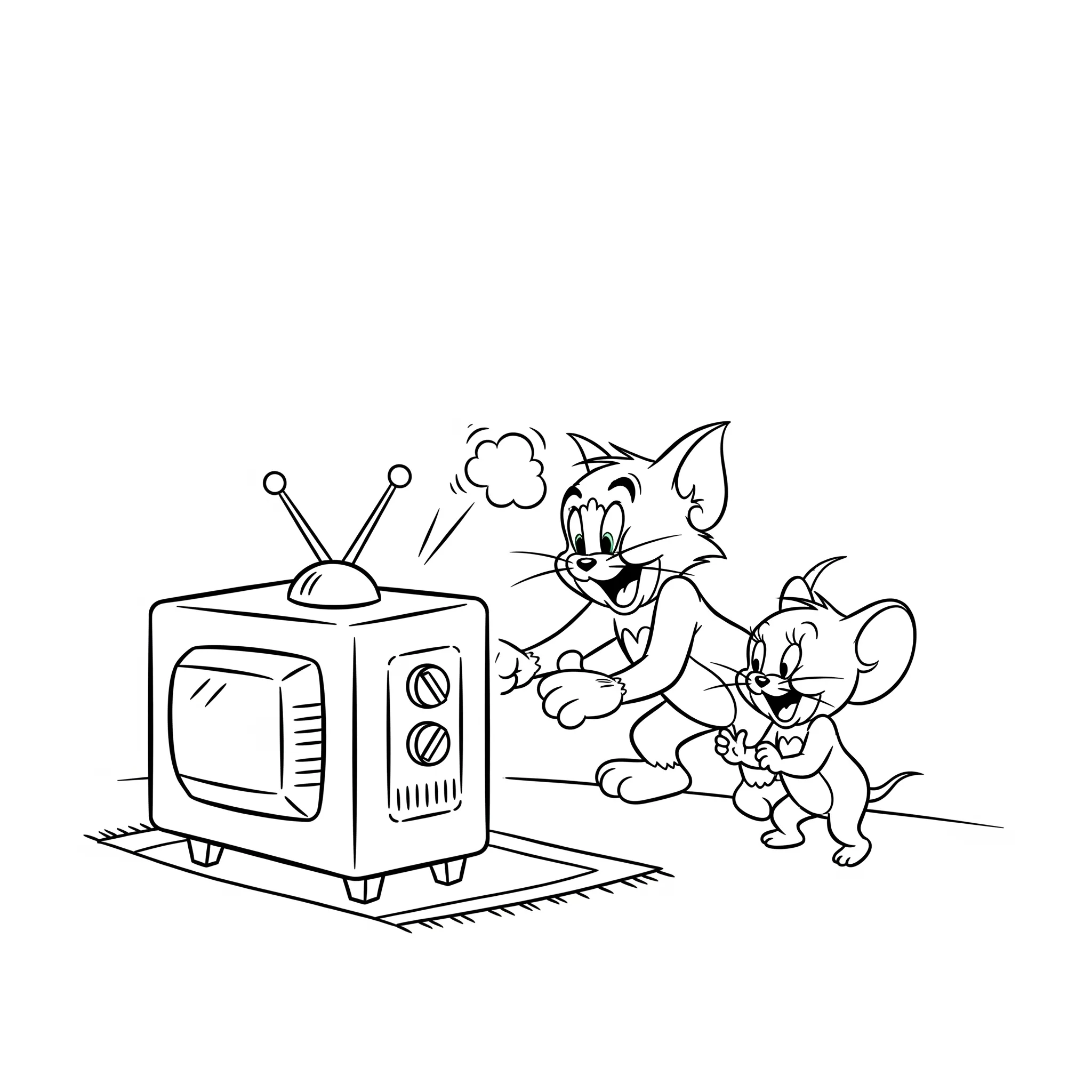coloriage Tom et Jerry regardent la télévision pour enfant à imprimer