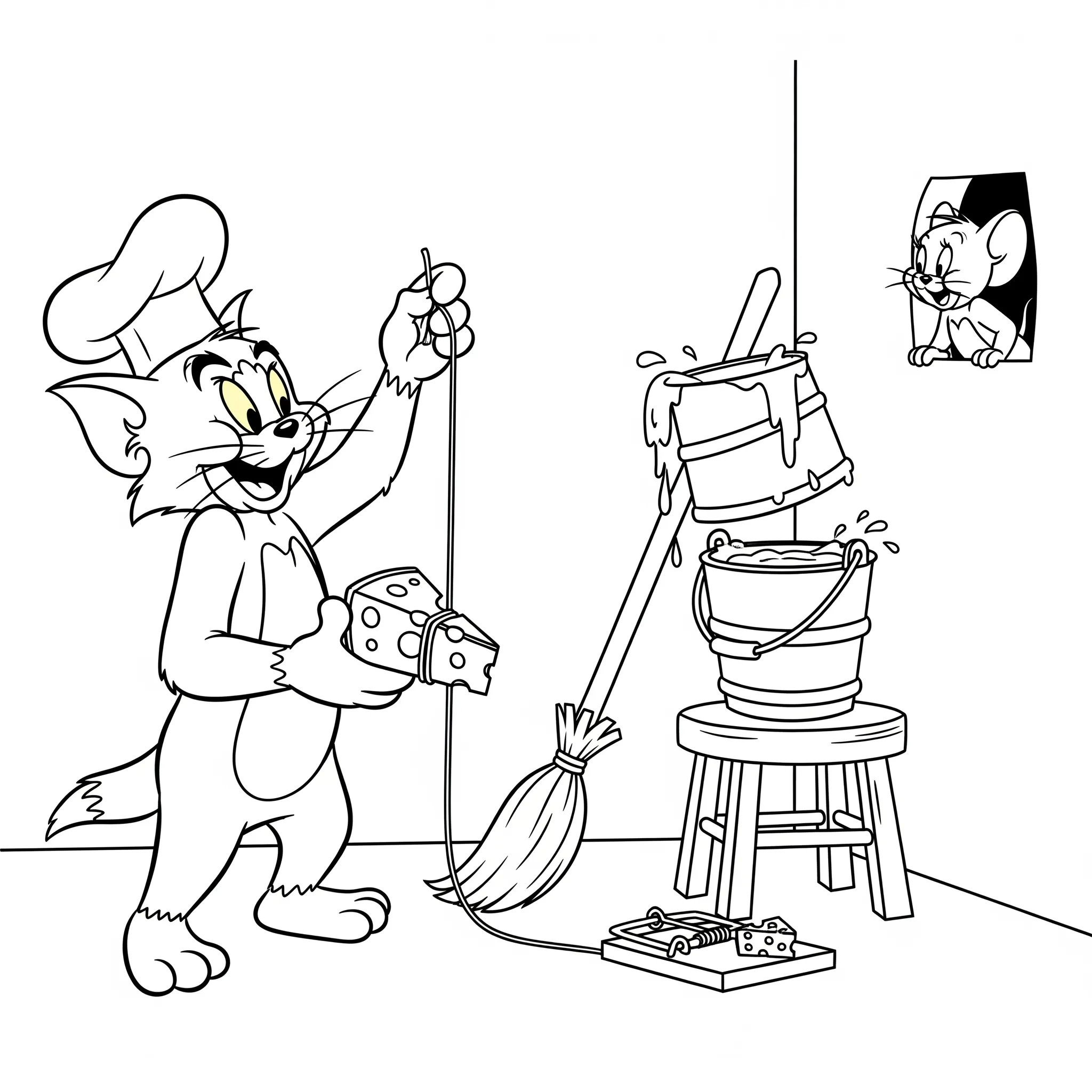 coloriage Tom qui prépare un piège pour Jerry de pour enfants