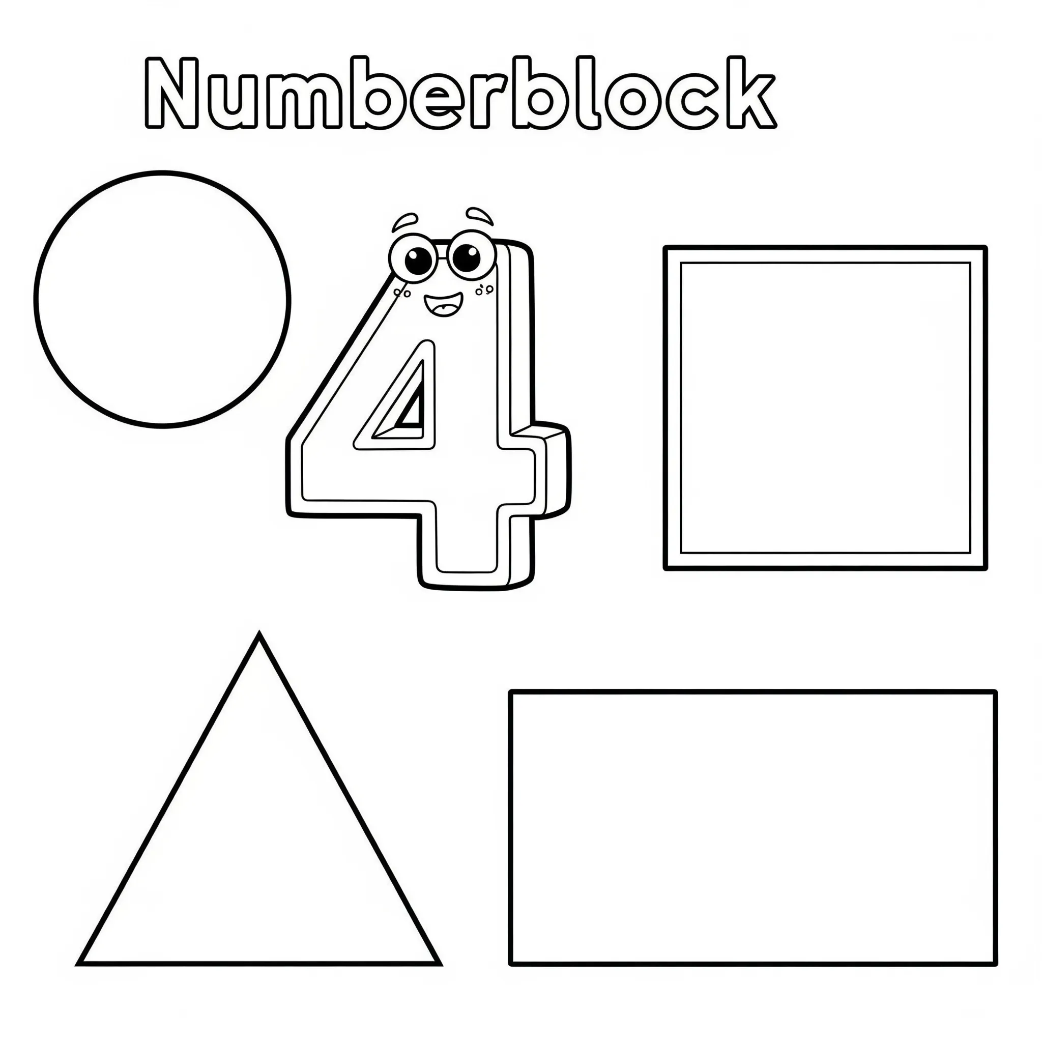 coloriage Le Numberblock 4 et quatre formes a imprimer pour enfant de 4 ans
