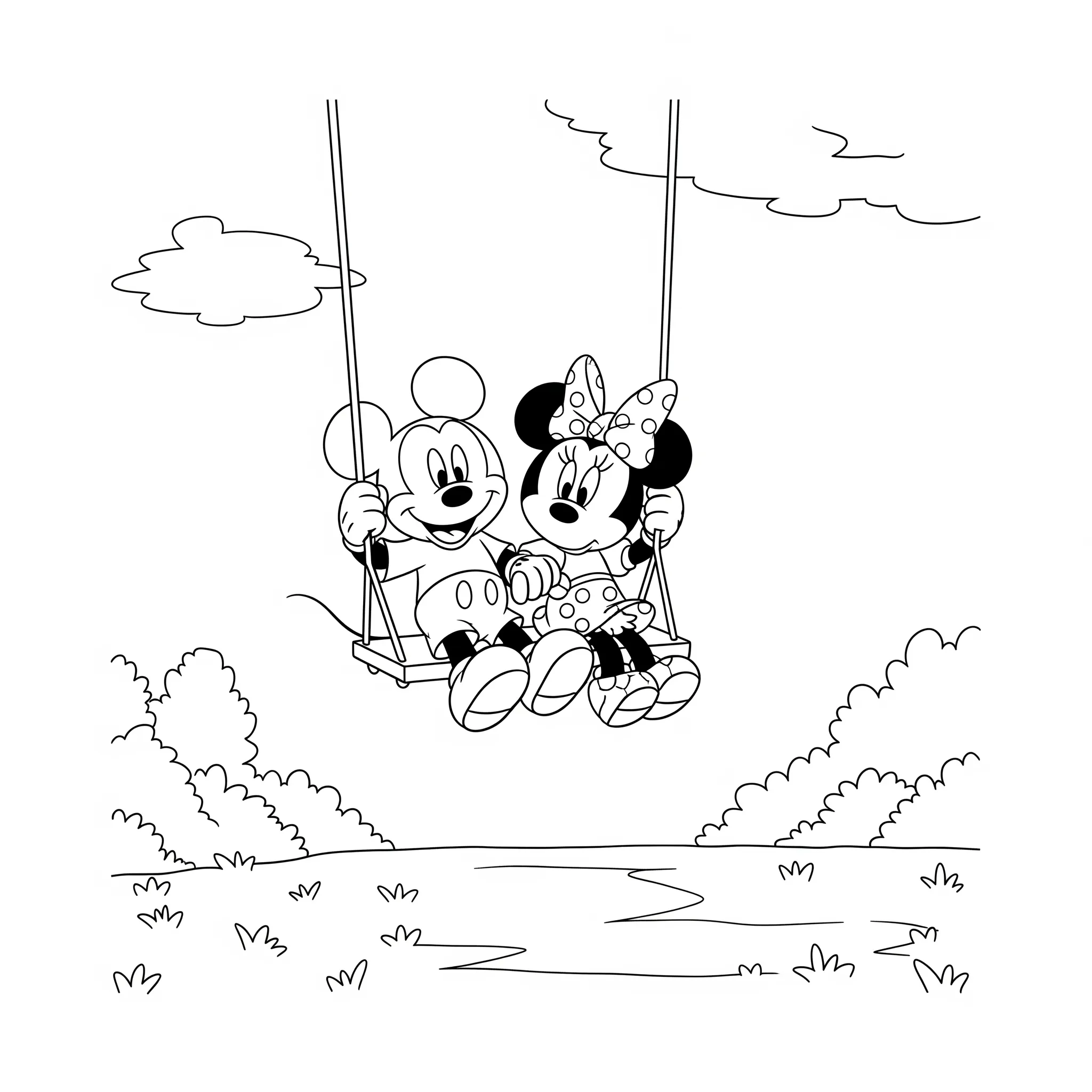 coloriage Mickey et Minnie sur une balançoire gratuit pour enfants