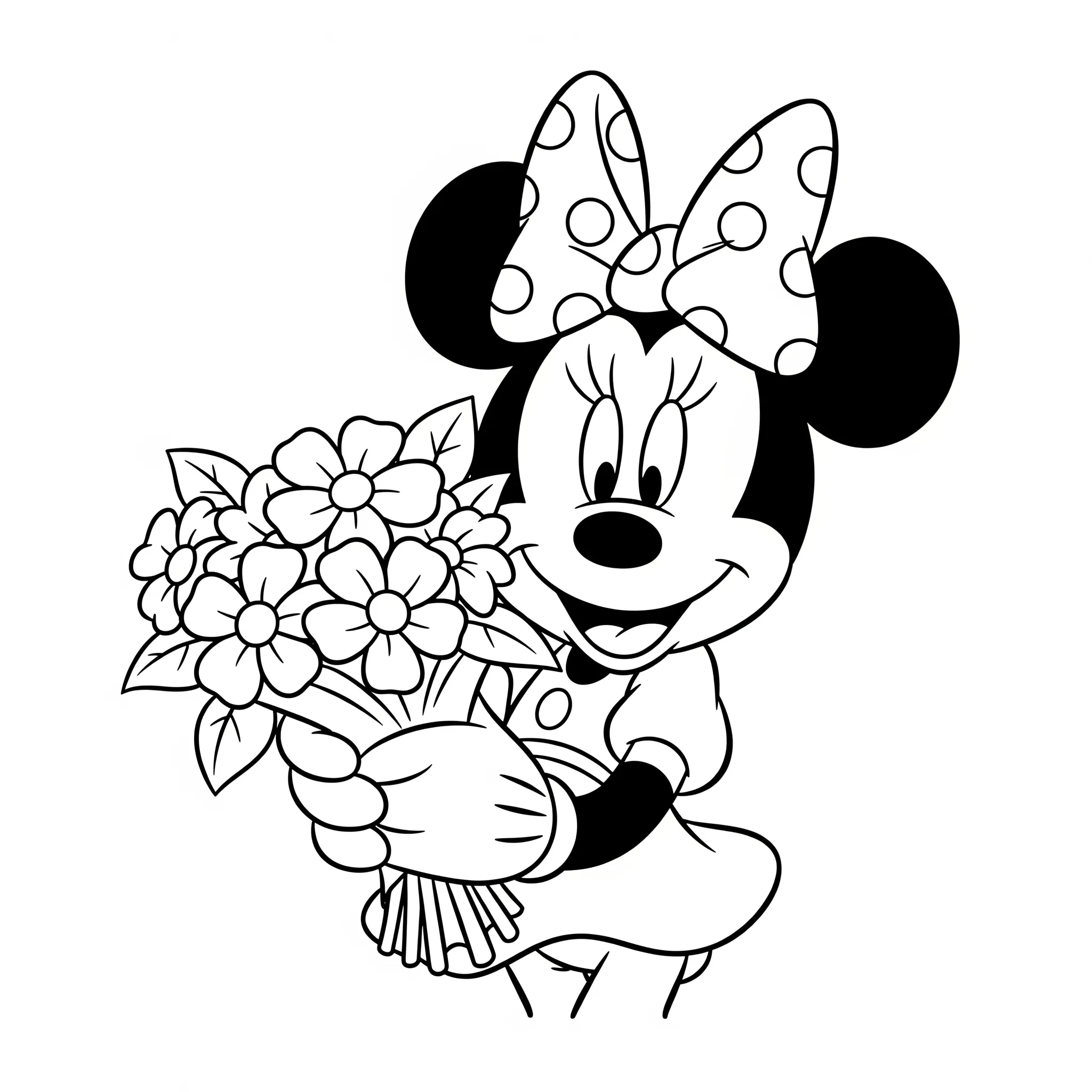 coloriage Minnie tenant un bouquet de fleurs pour enfant de à imprimer
