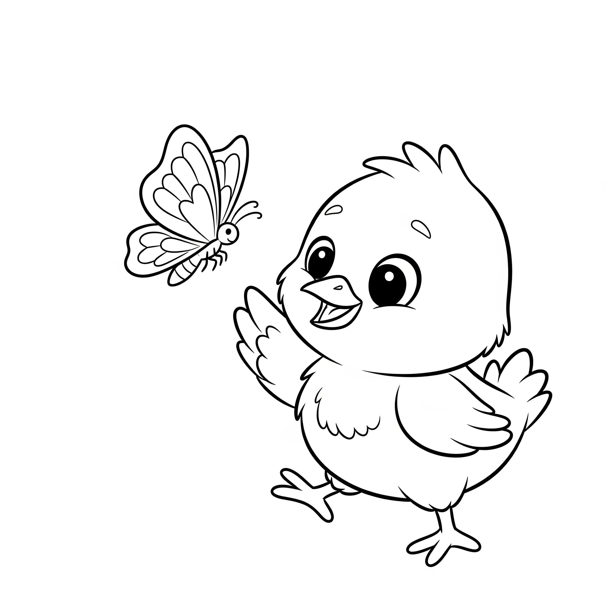 coloriage Poussin jouant avec un papillon educatif pour enfant