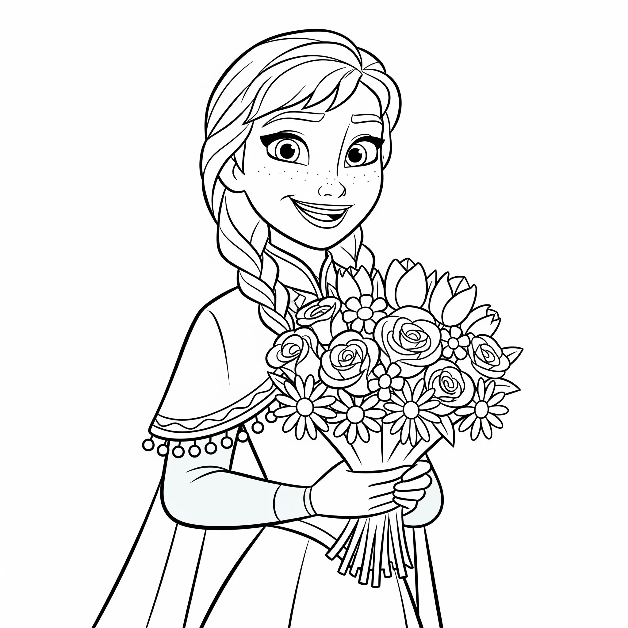 imprimer coloriage Anna et un Bouquet de Fleurs