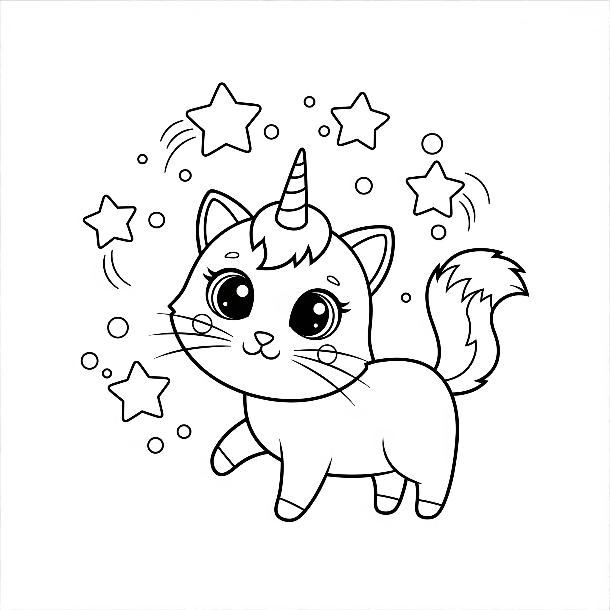 coloriage Chat Licorne Jouant avec des Étoiles à imprimer pour enfant de 4 ans