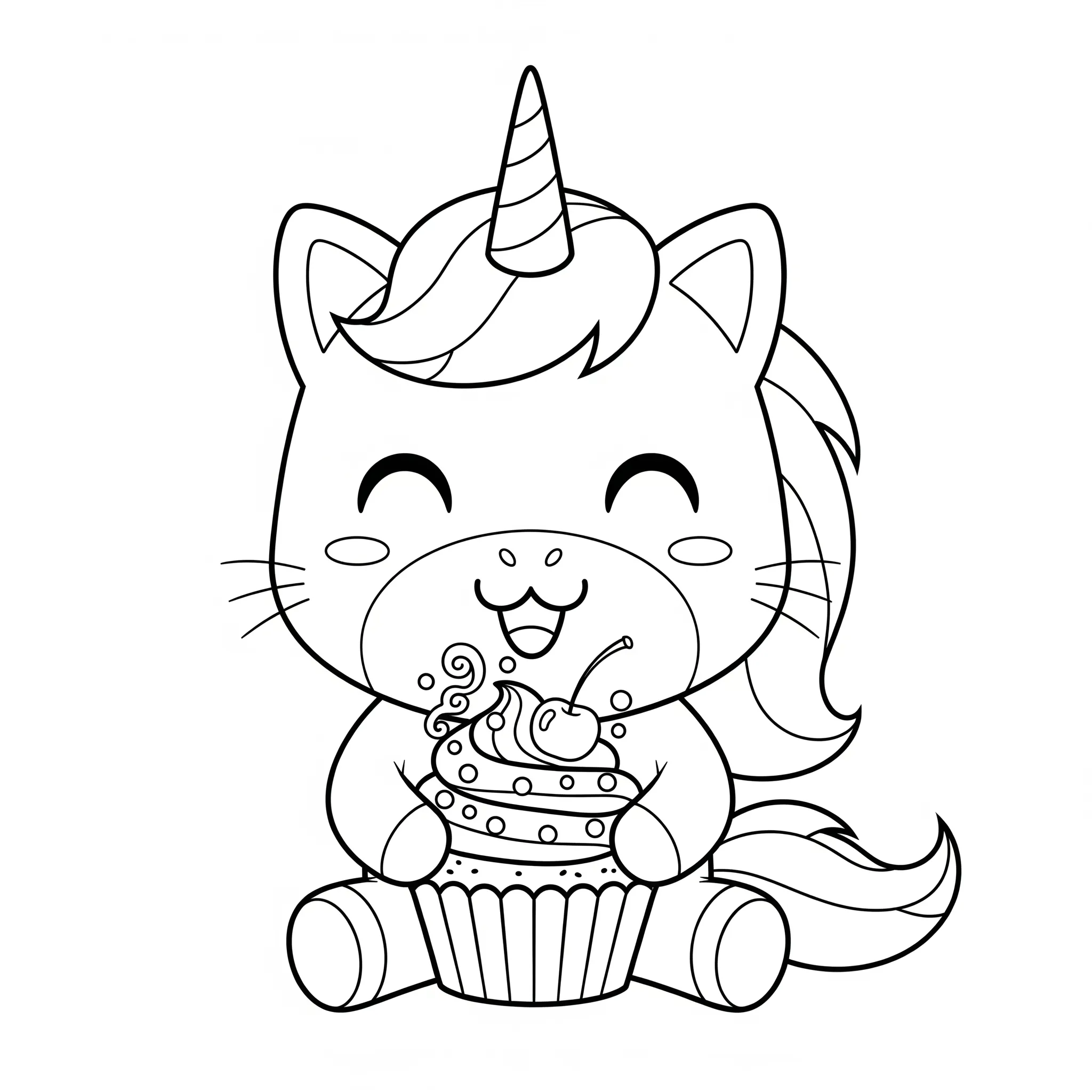 coloriage Chat Licorne Mangeant un Cupcake Magique et dessin a imprimer