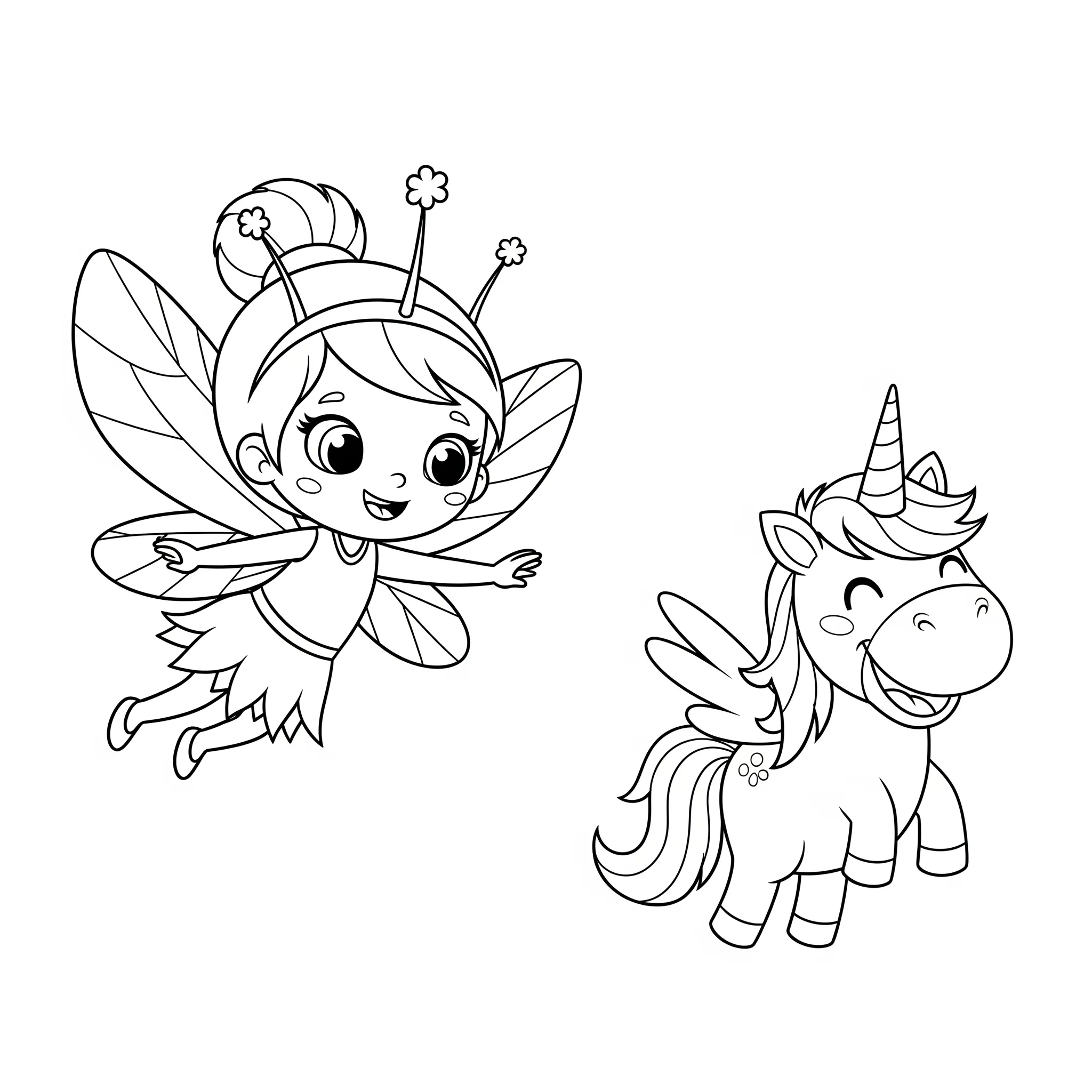 coloriage Fée Volante et Licorne Joyeuse pour enfants a imprimer gratuit