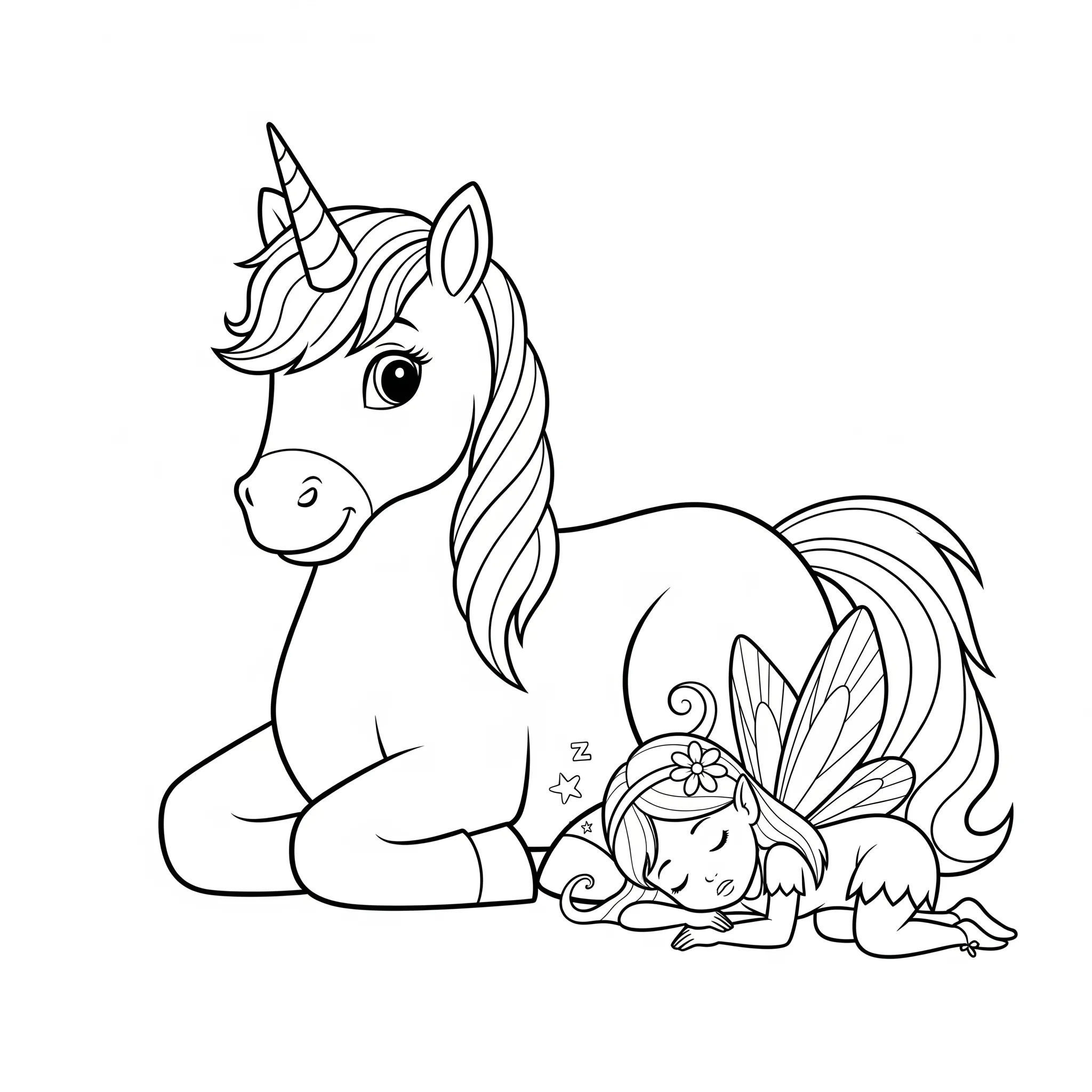 coloriage Licorne au Repos et Fée Endormie à imprimer a4