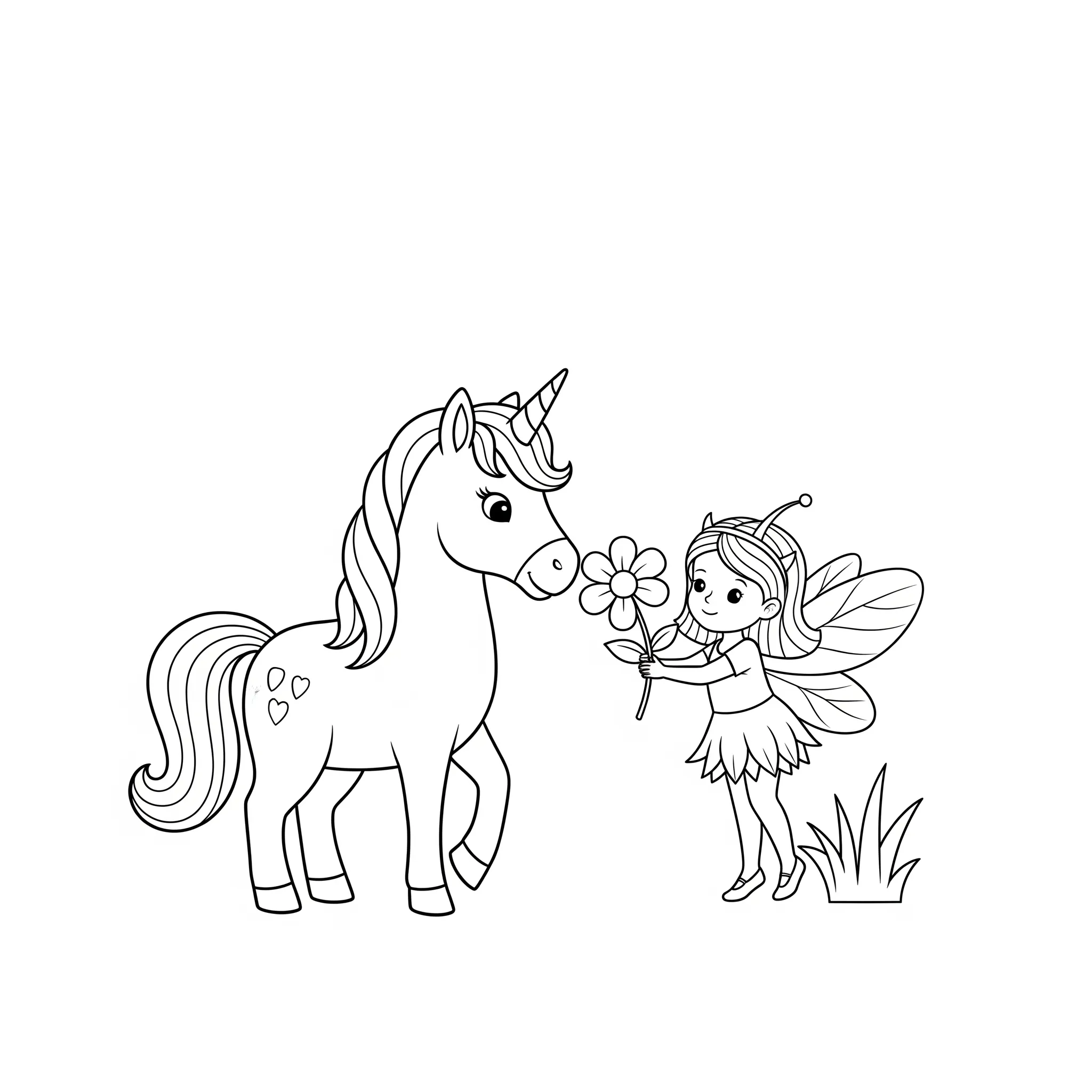 coloriage Licorne et Fée Partageant une Fleur à imprimer