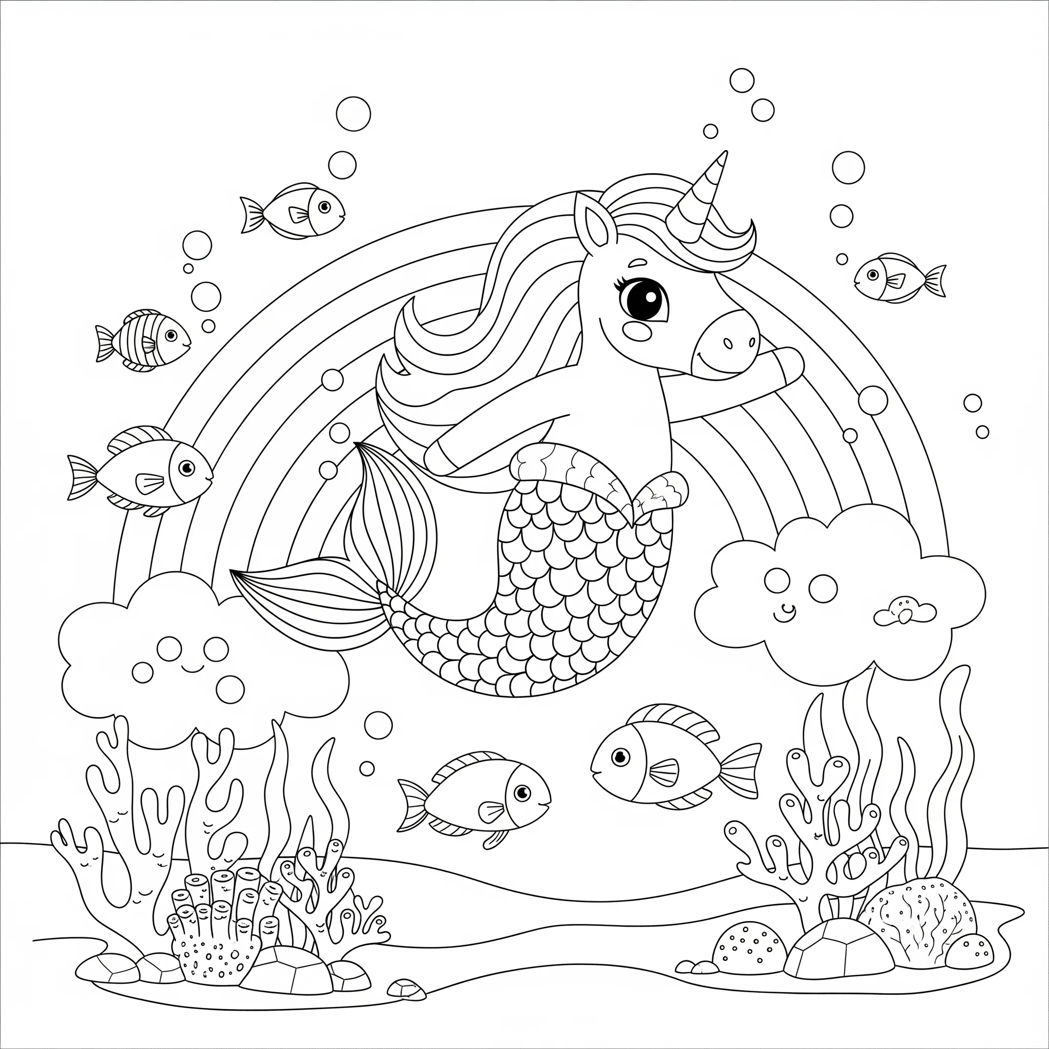 coloriage Sirène Licorne et un arc en ciel sous marin à imprimer pour enfant de 2 ans