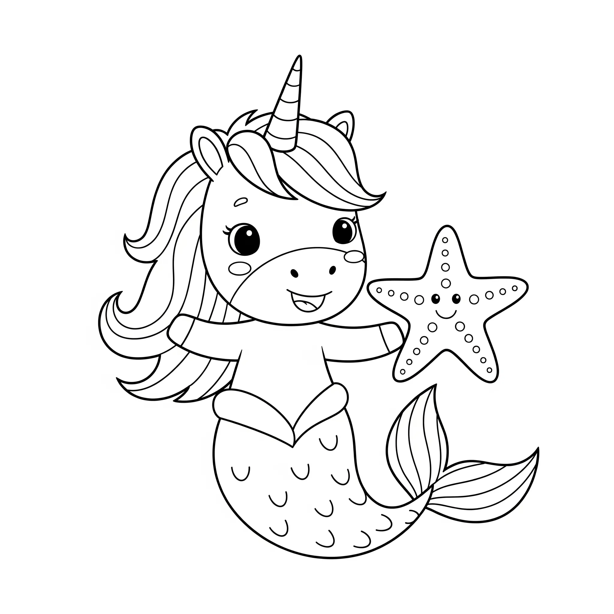 coloriage Sirène Licorne jouant avec une étoile de mer pour enfants à imprimer