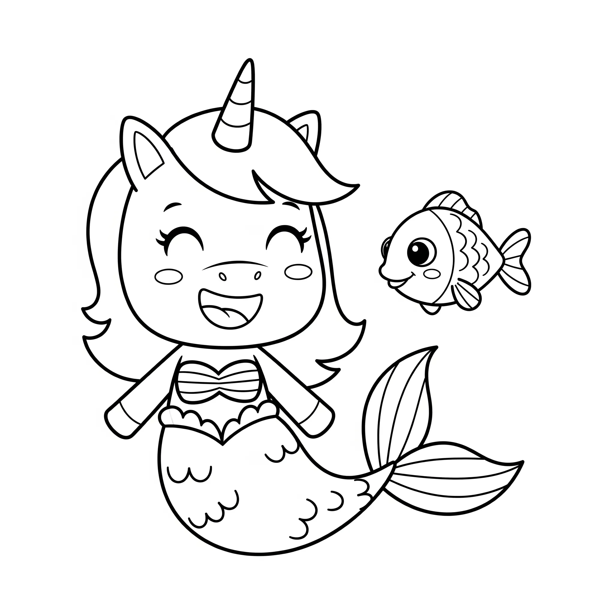 coloriage Sirène Licorne souriante et son poisson ami pour enfant de 3 ans