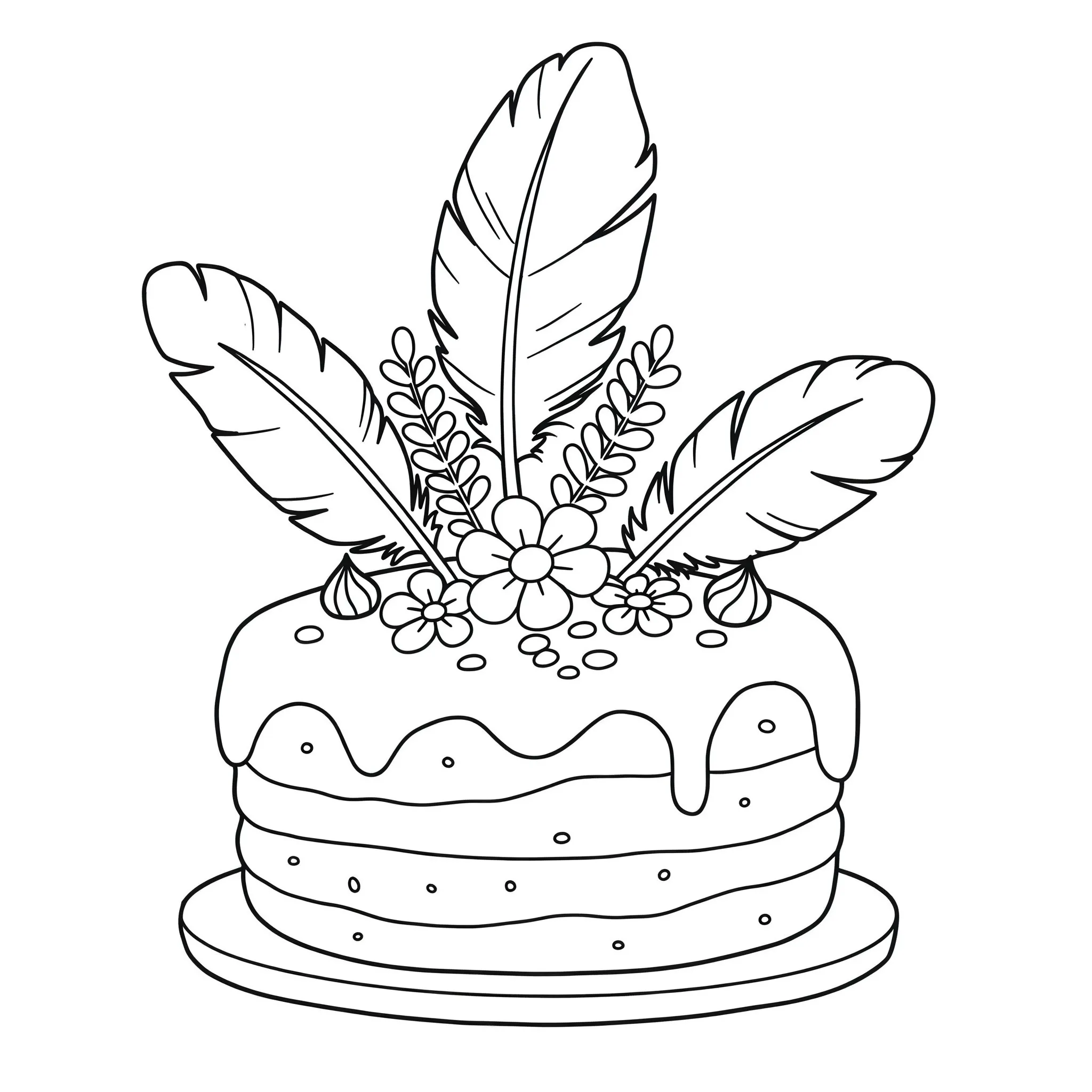 coloriage Un gâteau avec des plumes et des fleurs a dessiner en ligne