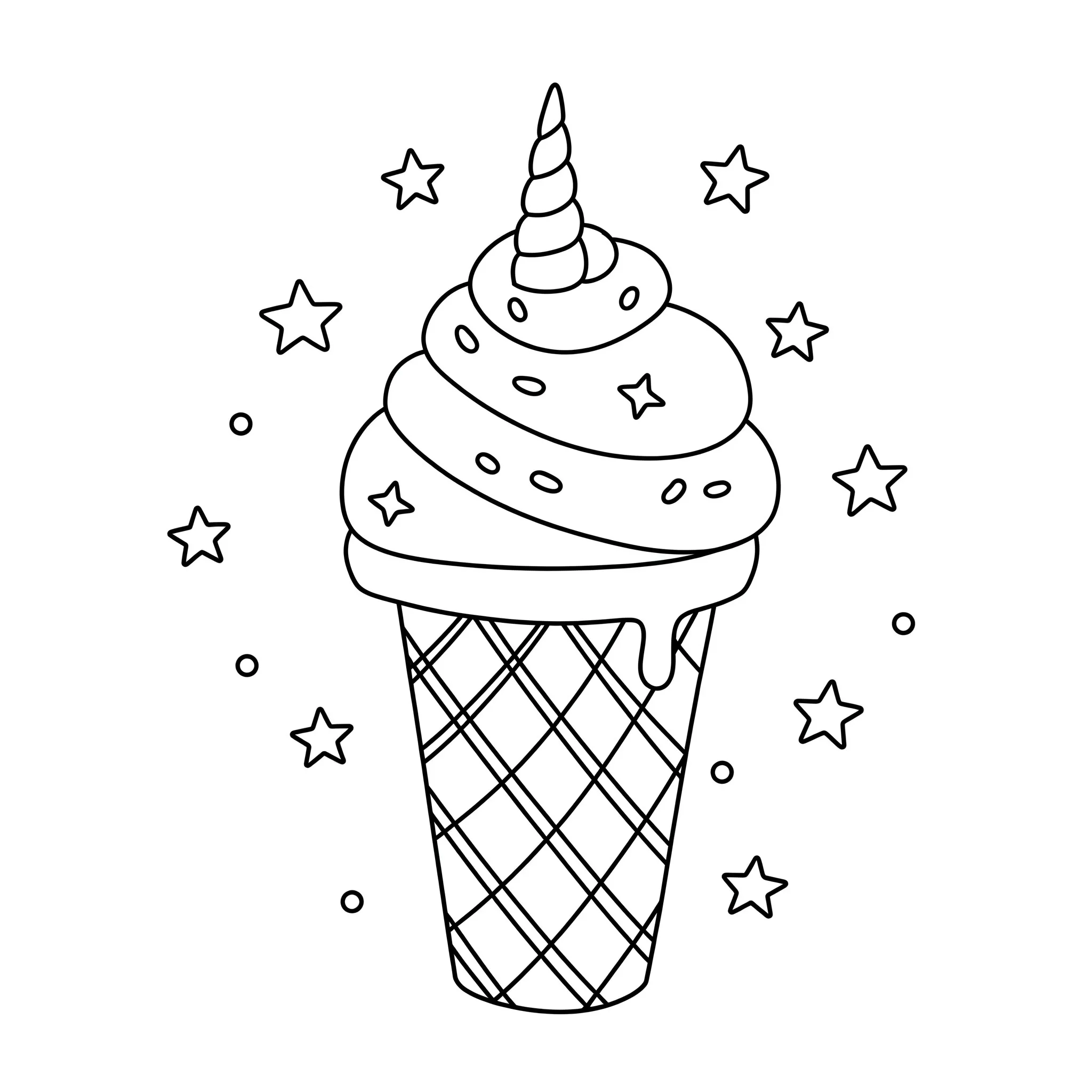 coloriage Une glace licorne avec une seule corne et des étoiles a imprimer pour enfant de 4 ans