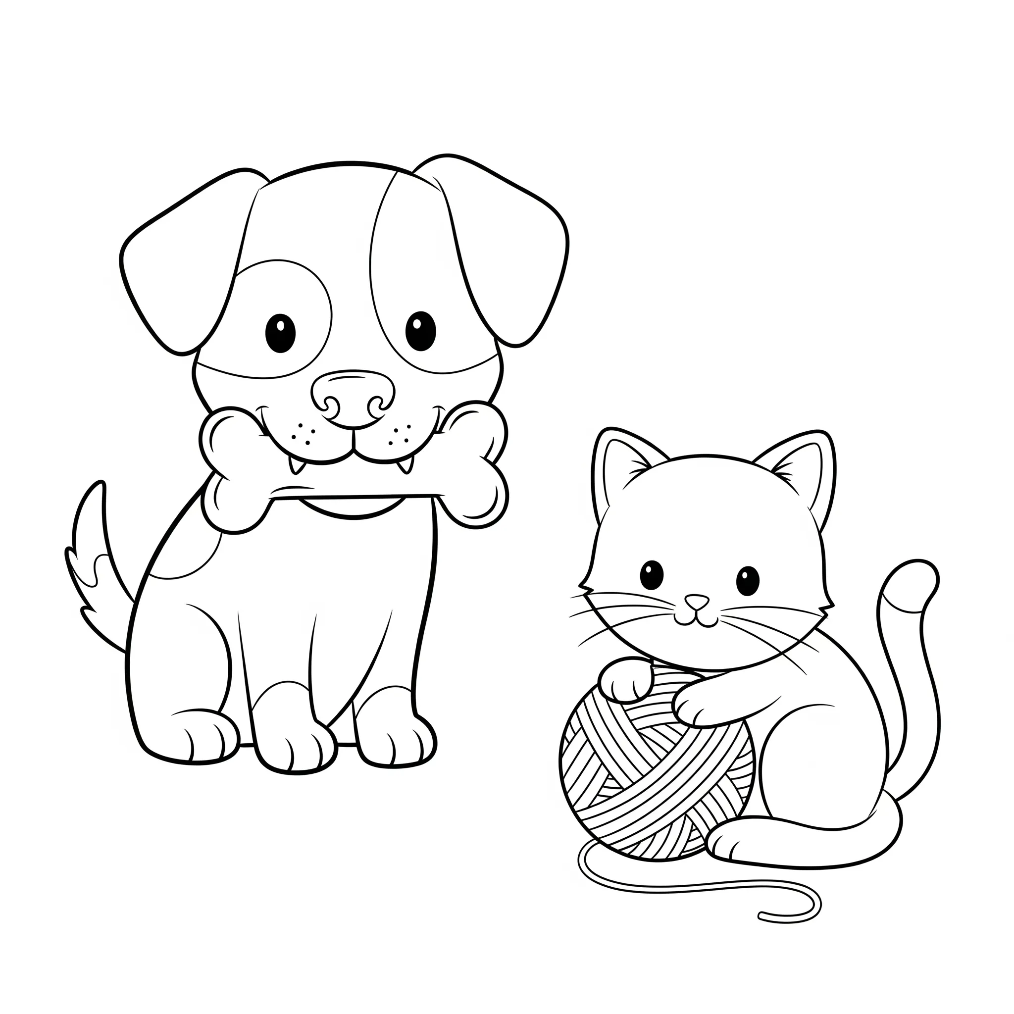 coloriage Chien avec son Os et Chat avec sa Pelote à imprimer pour enfant de 12 ans