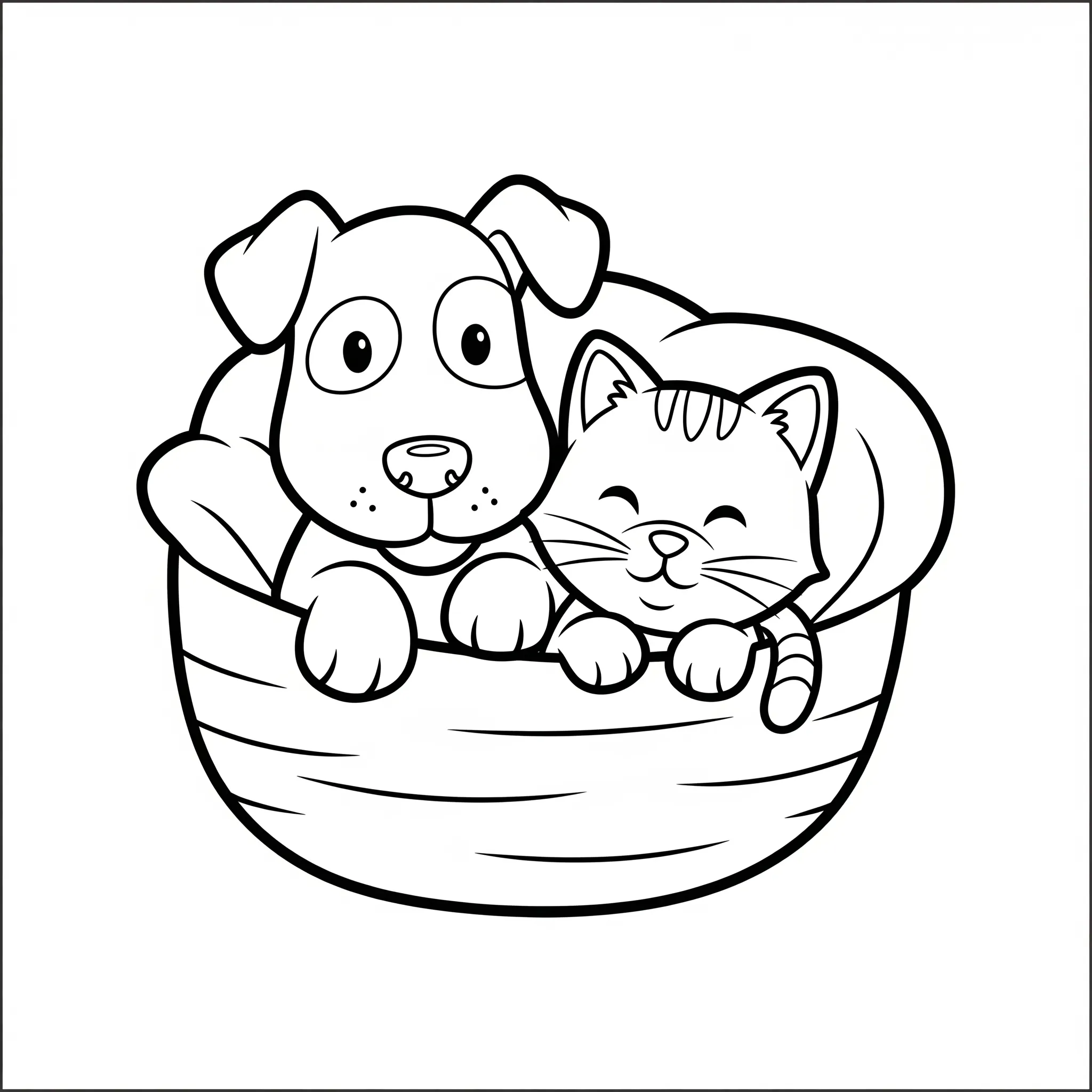 coloriage Chien et Chat dans un Panier:Lit et decoupage a imprimer gratuit