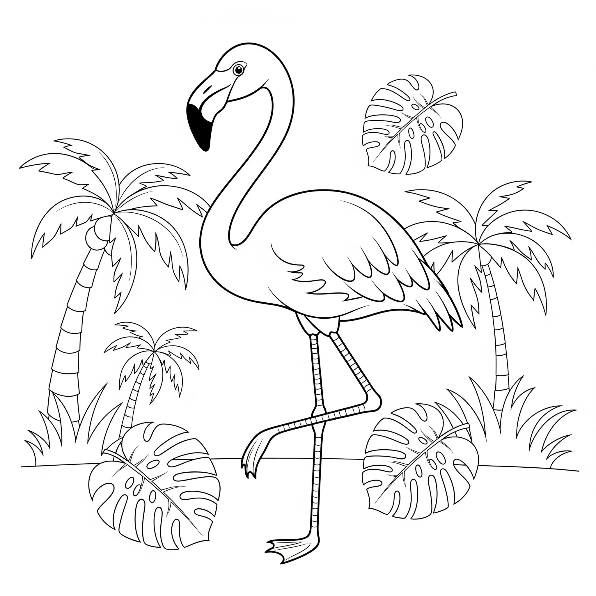 imprimer coloriage Flamant Rose Simple avec un Fond Tropical