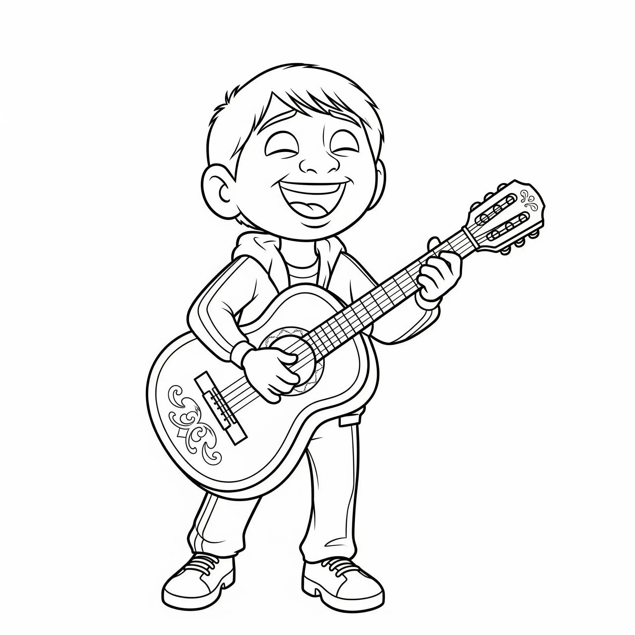 coloriage Miguel chantant avec sa guitare pour enfants