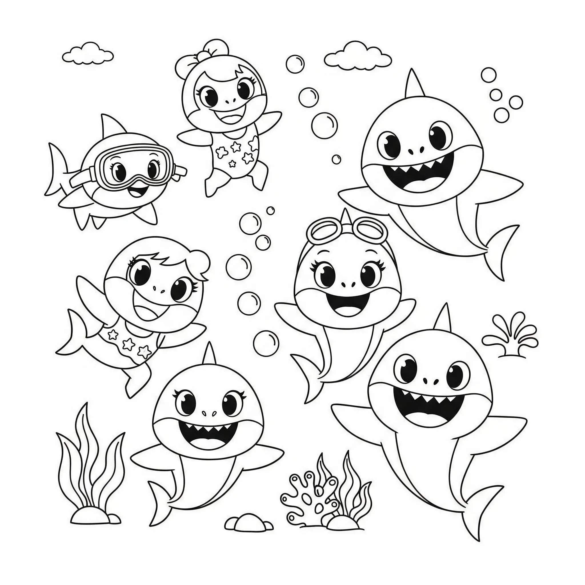 coloriage Bébé requin joue avec des amis à imprimer pour enfant de 8 ans