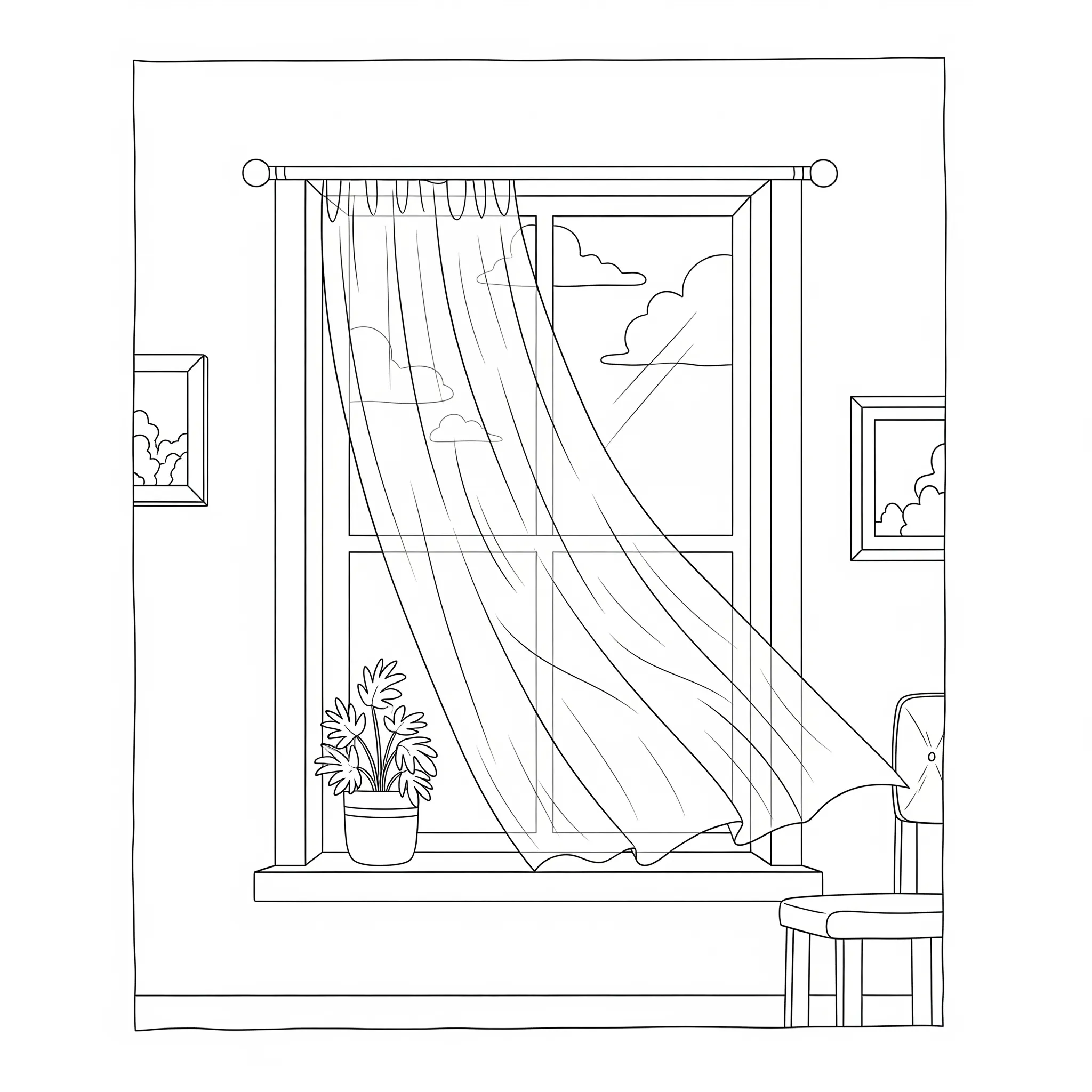 coloriage Fenêtre avec de la lumière naturelle et un rideau léger a imprimer