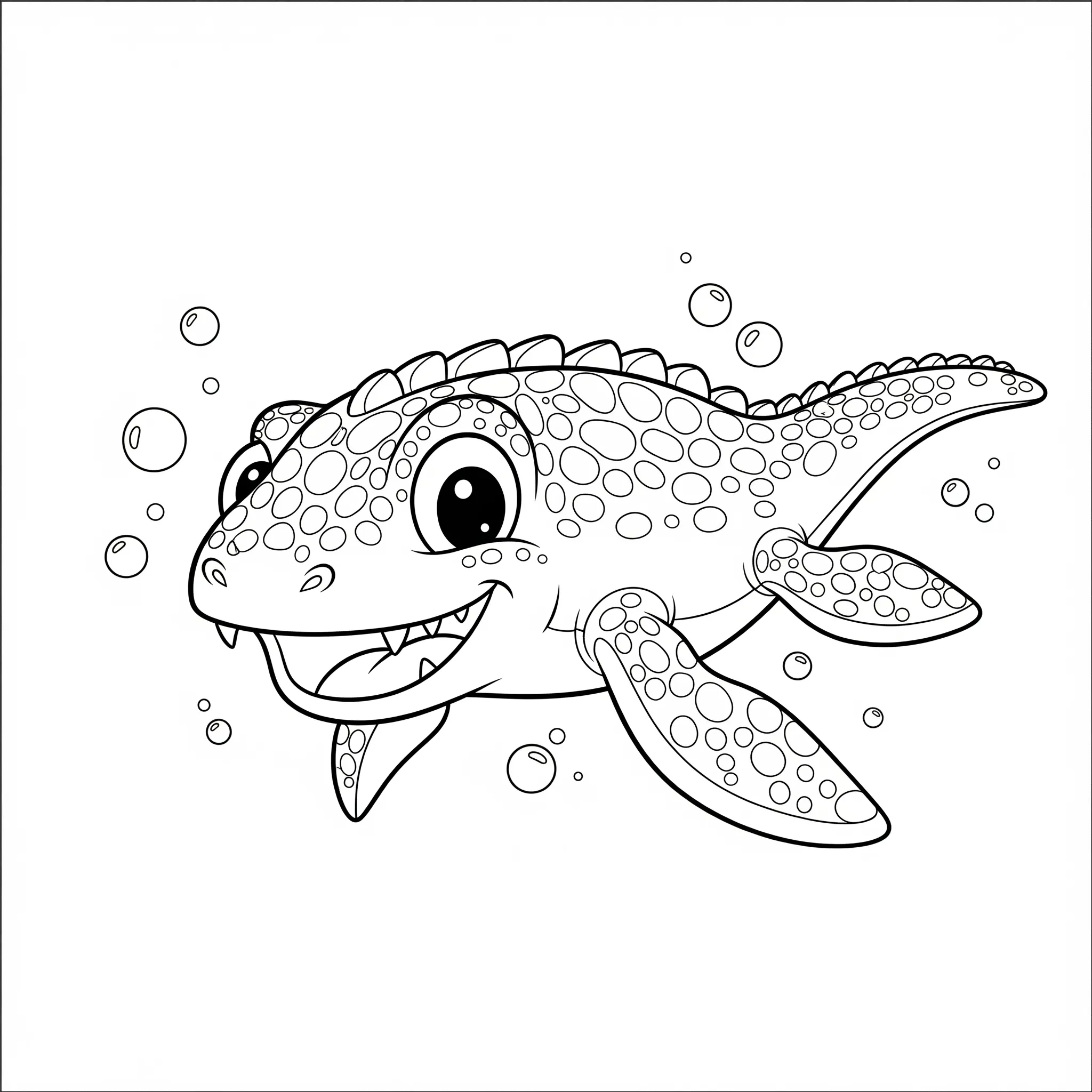 coloriage Un Mosasaure avec des bulles autour de lui, dans un style de dessin animé a telecharger
