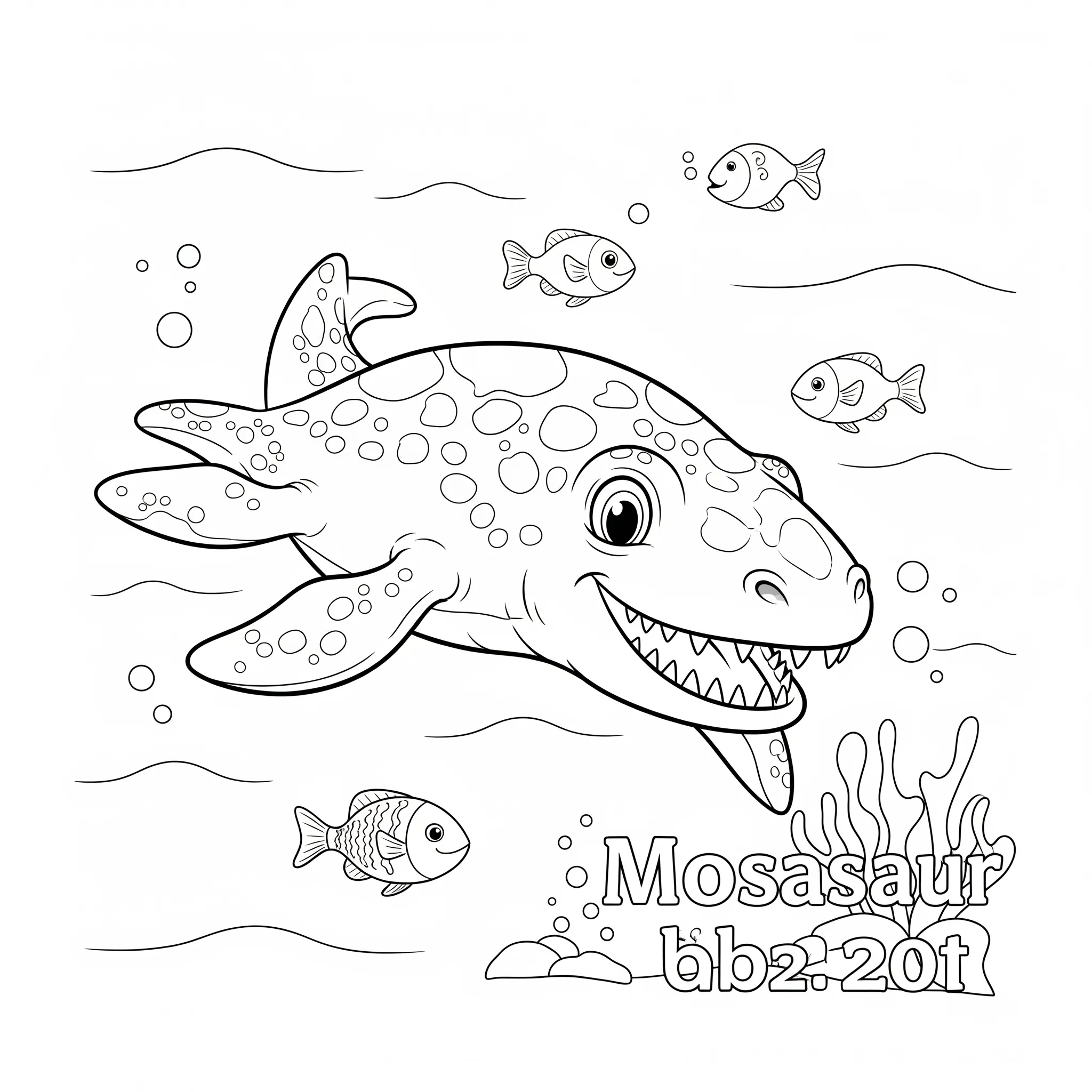coloriage Un Mosasaure nageant dans l’océan avec quelques poissons à imprimer