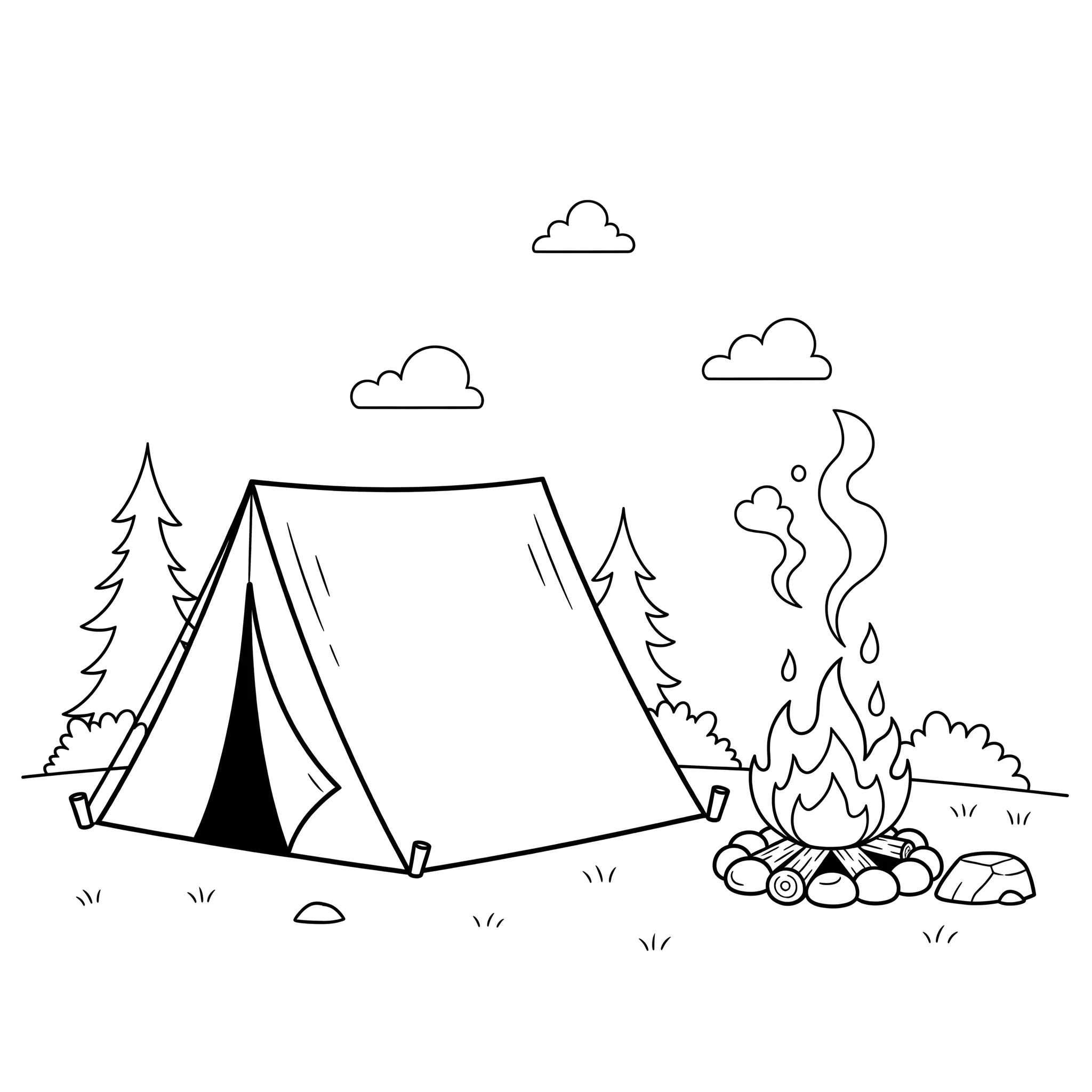 coloriage Une tente et un feu de camp et decoupage
