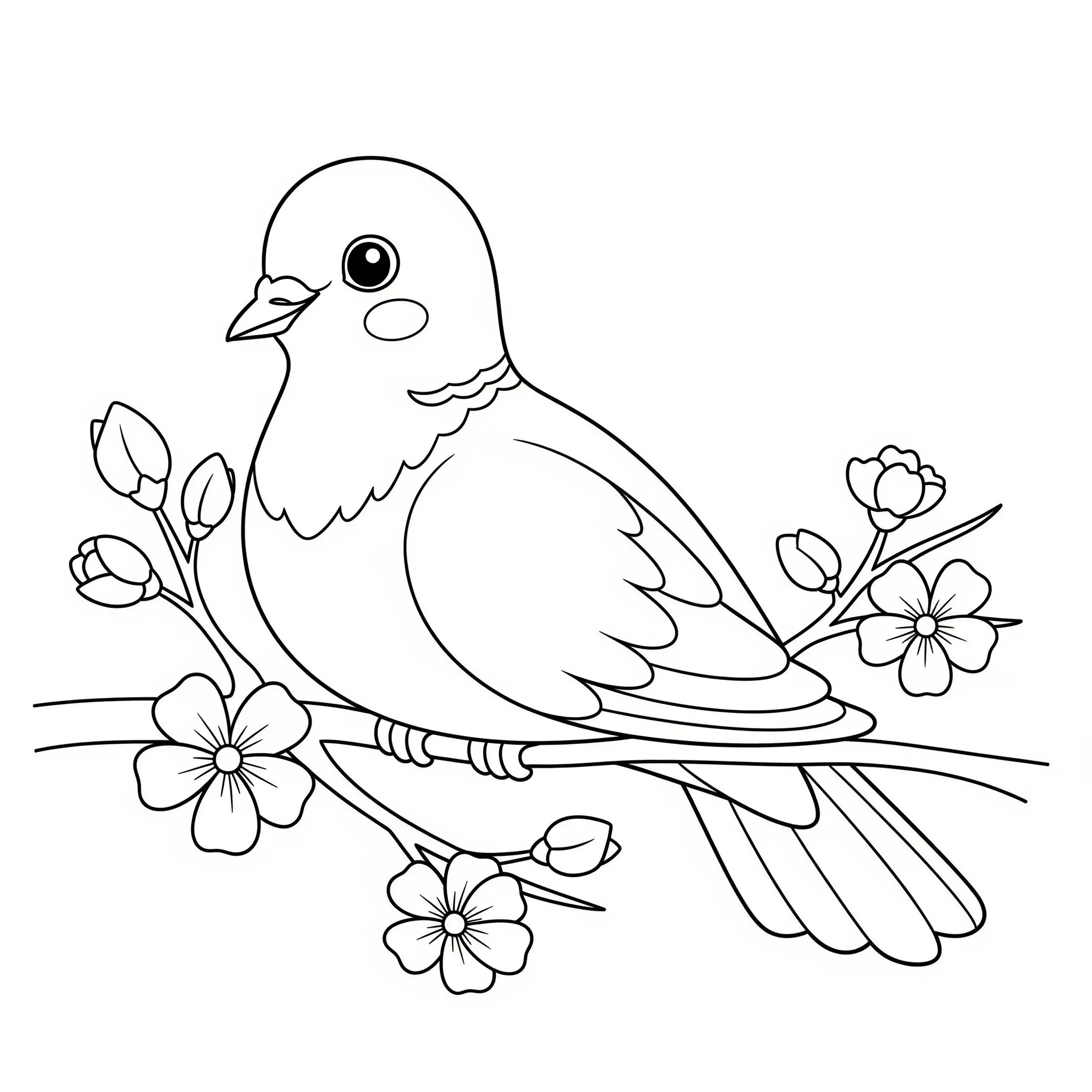 coloriage Colombe Assise sur une Branche Fleurie et decoupage