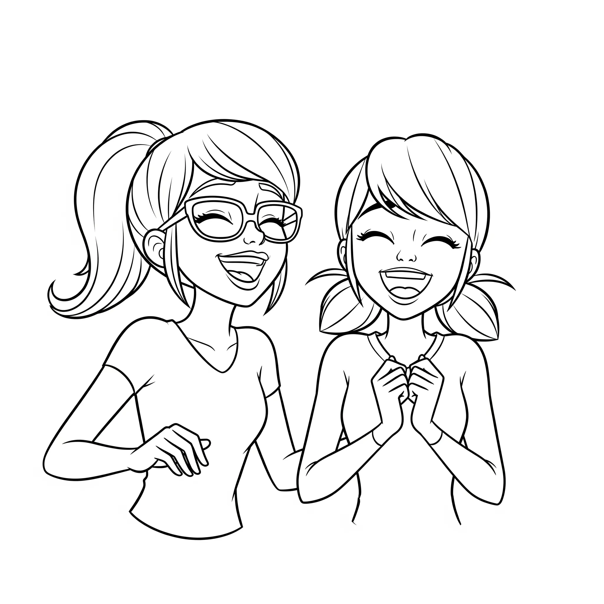 coloriage Alya et Marinette en train de rire pour enfant de 5 ans