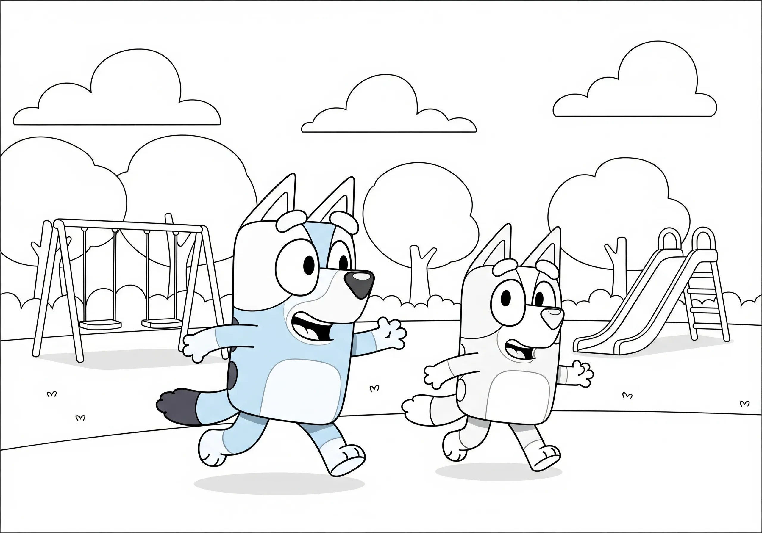 coloriage Bluey et Bingo jouent au parc pour enfant de 6 ans
