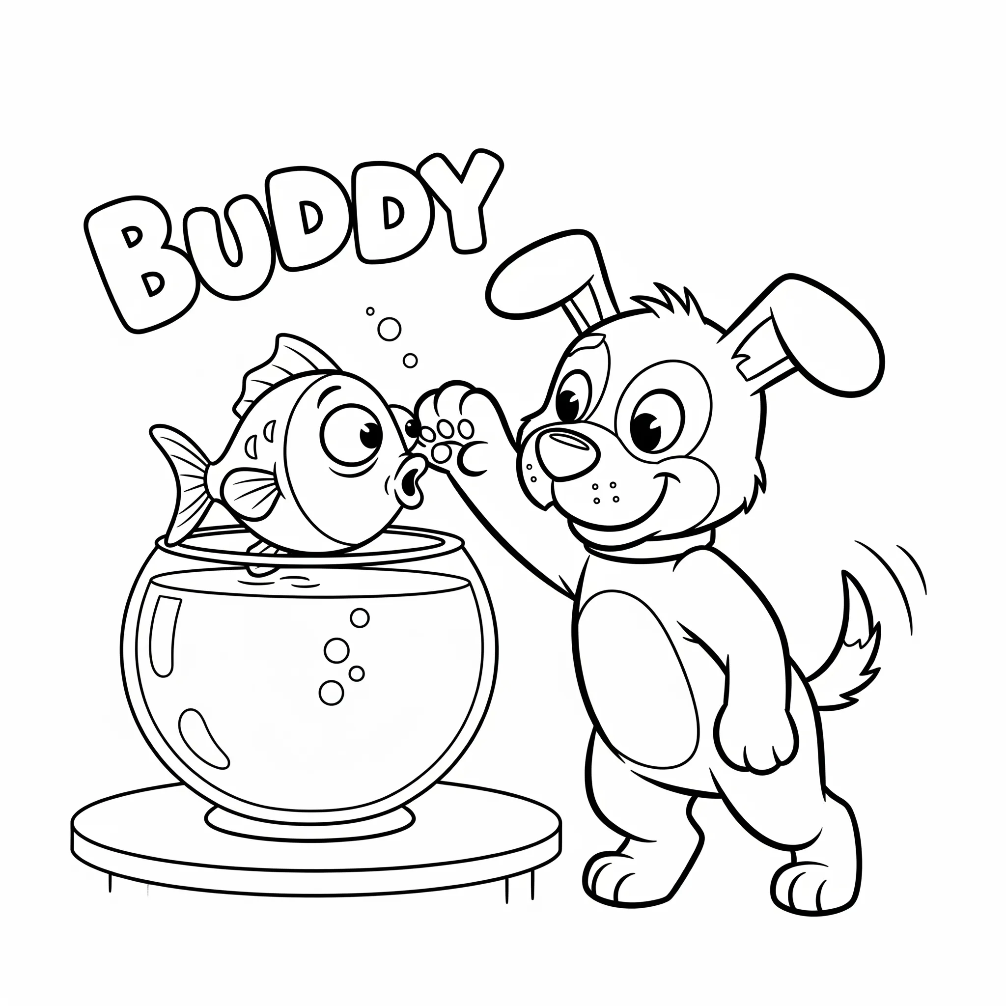 coloriage Buddy le chiot espiègle et son ami le poisson pour enfants a imprimer