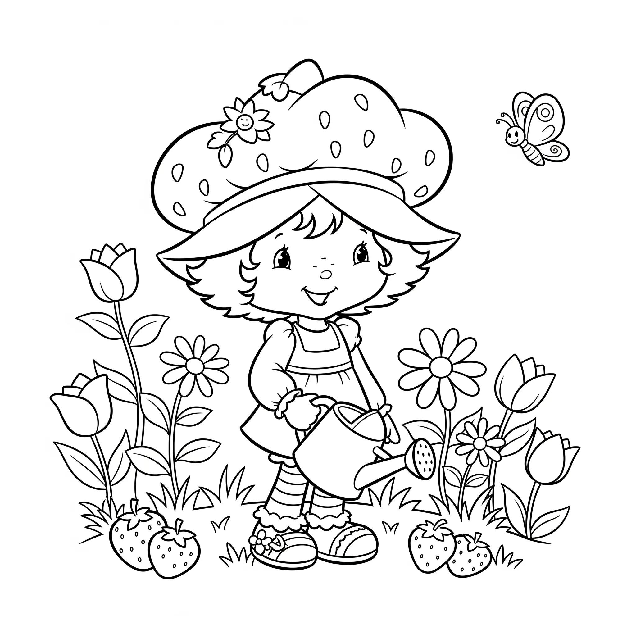 coloriage Charlotte aux Fraises au jardin à imprimer pour enfant de 4 ans