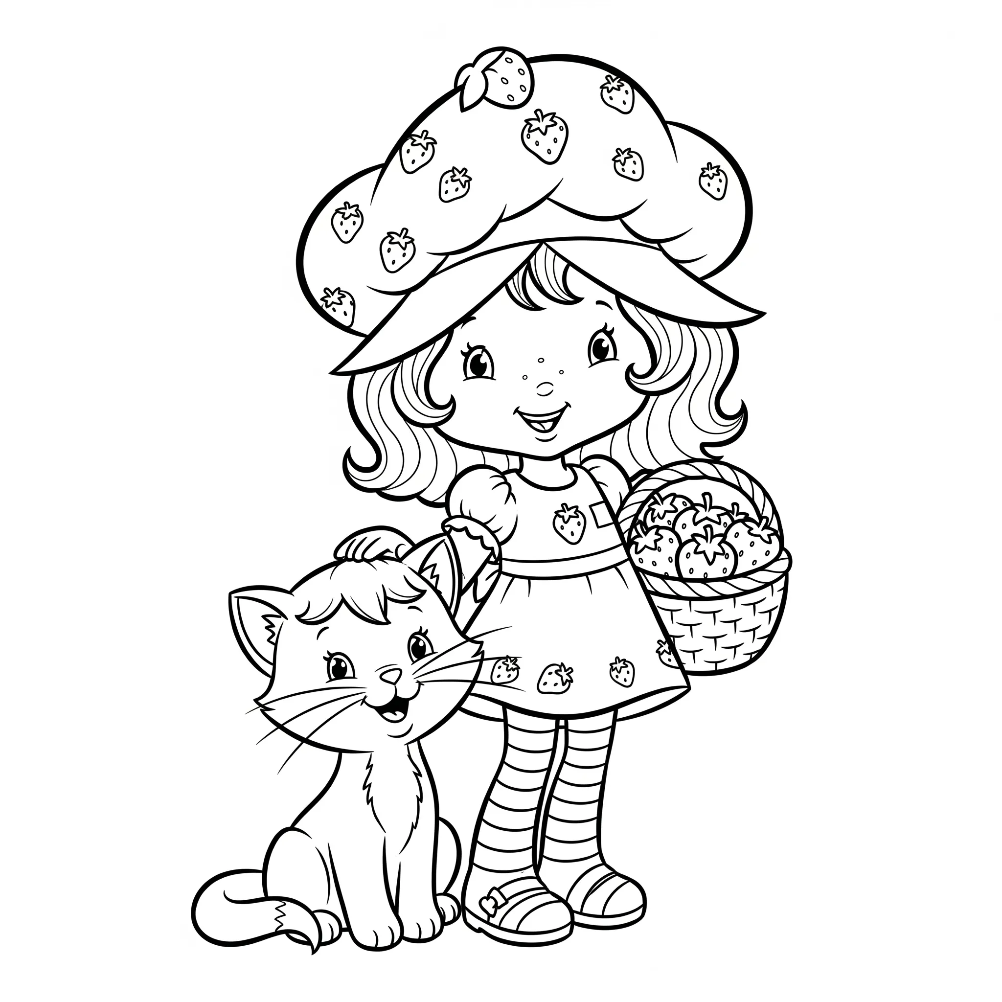 coloriage Charlotte aux Fraises et son chat, Crème de Cassis à imprimer pour enfant de 4 ans