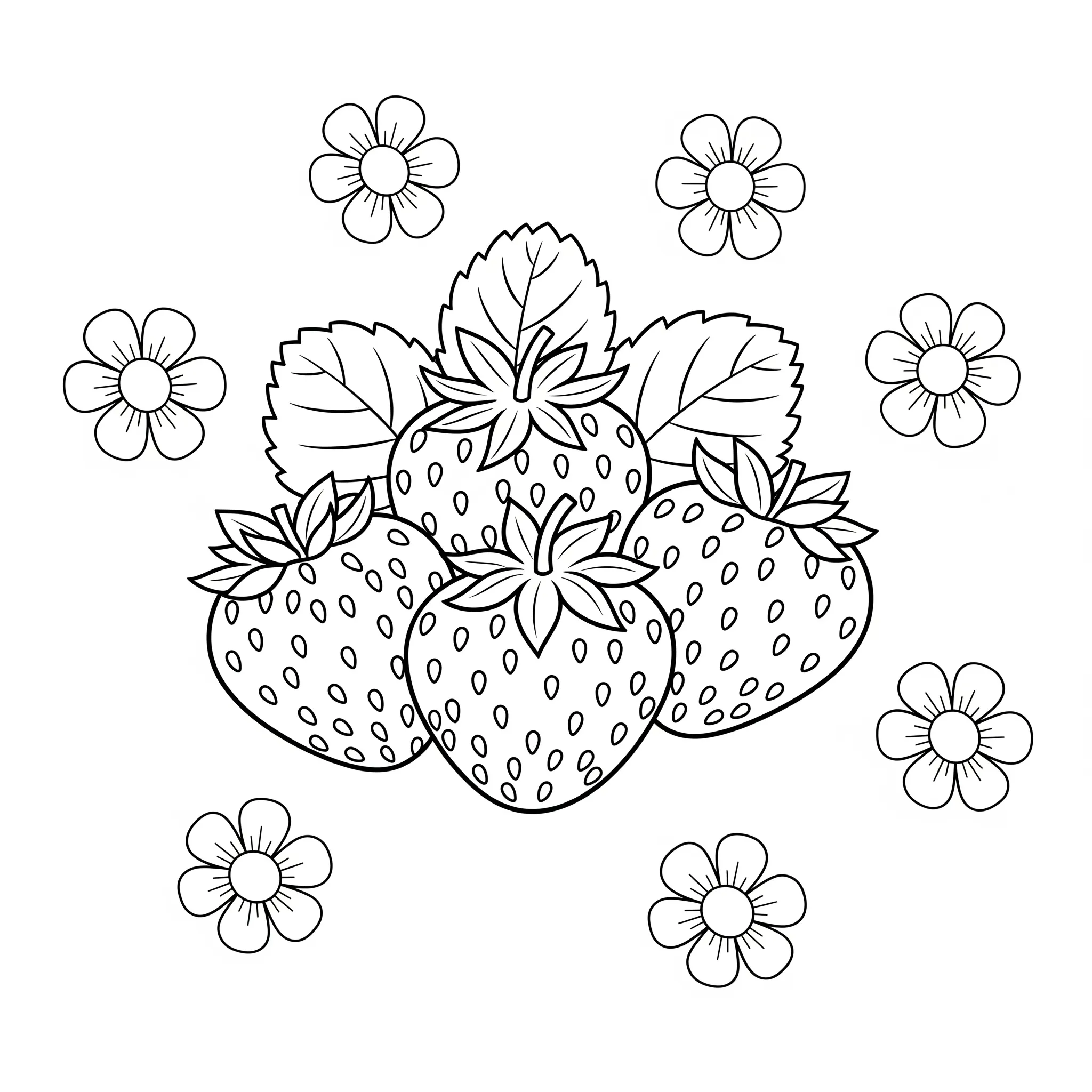 image de coloriage Des fraises et des fleurs pour enfant