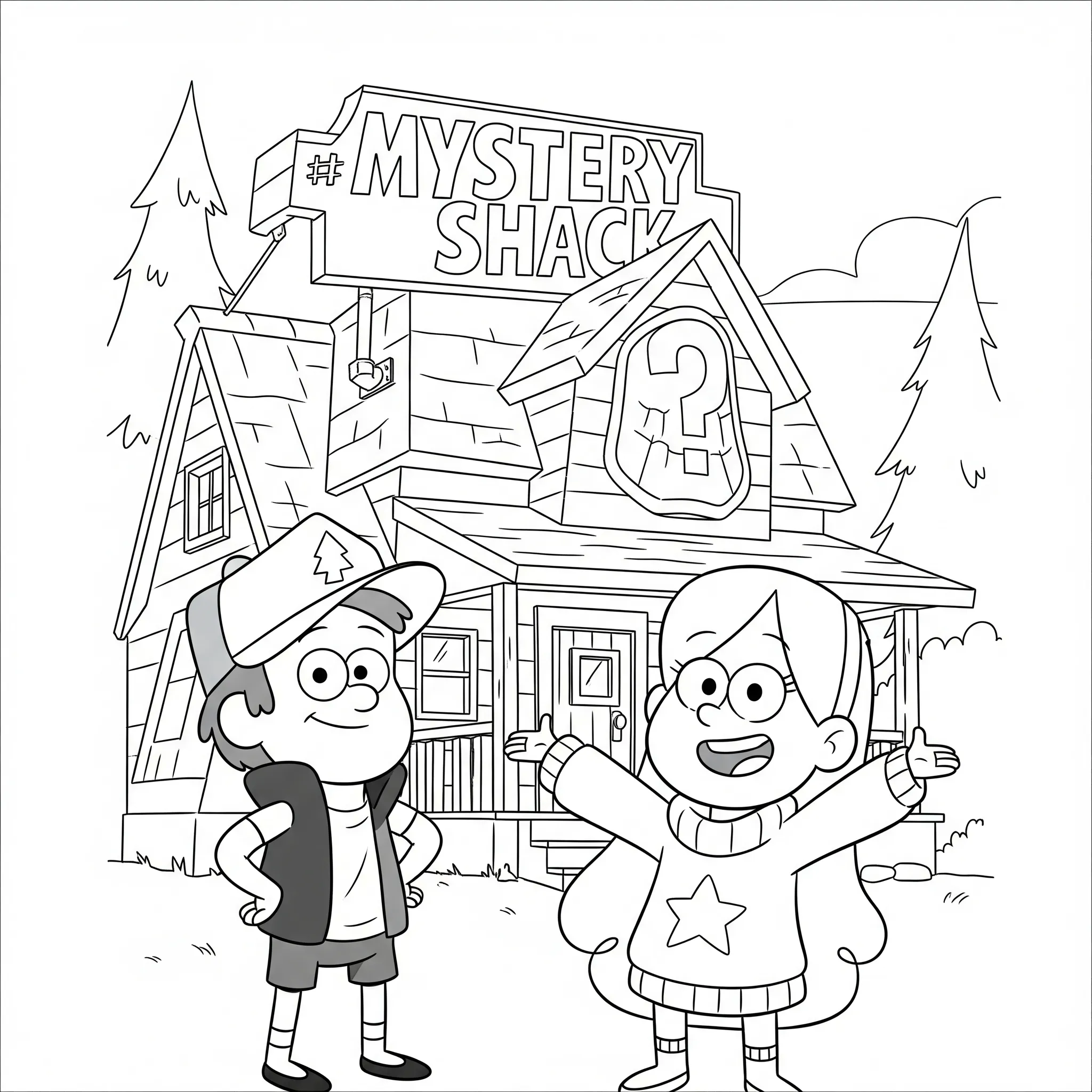 coloriage Dipper et Mabel devant la Cabane des Mystères a dessiner en ligne