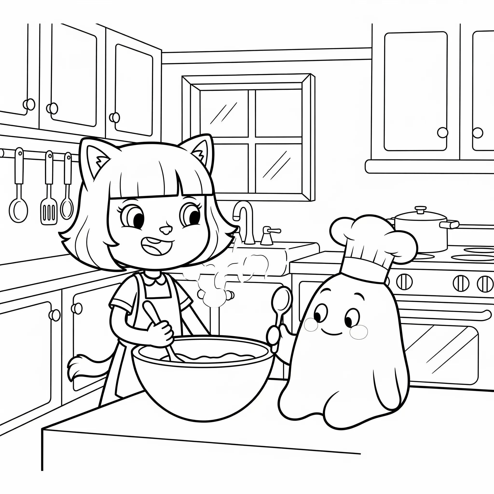 coloriage Gabby et P’tit Pâté en train de cuisiner à imprimer kawaii