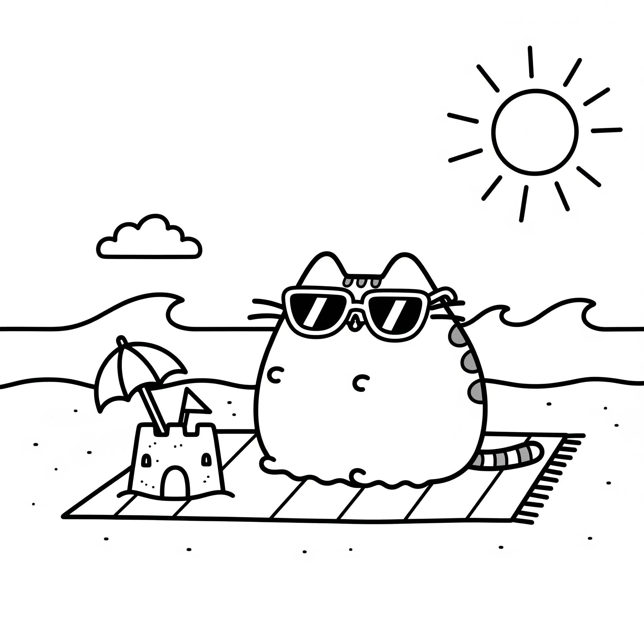 coloriage Pusheen à la plage pour enfant