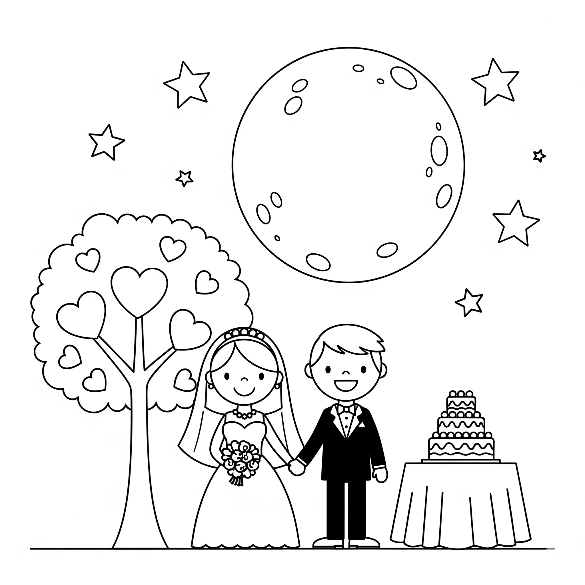 coloriage Scène de mariage sous la lune pour enfants a imprimer gratuit