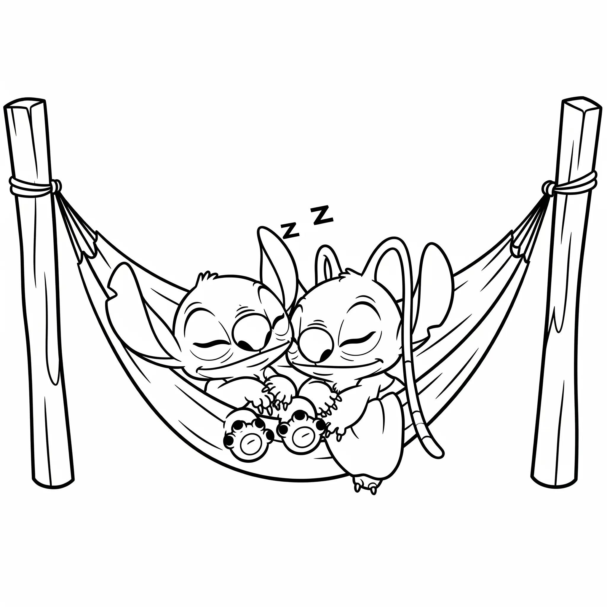 coloriage Stitch et Angel endormis sur un hamac pour enfant gratuit