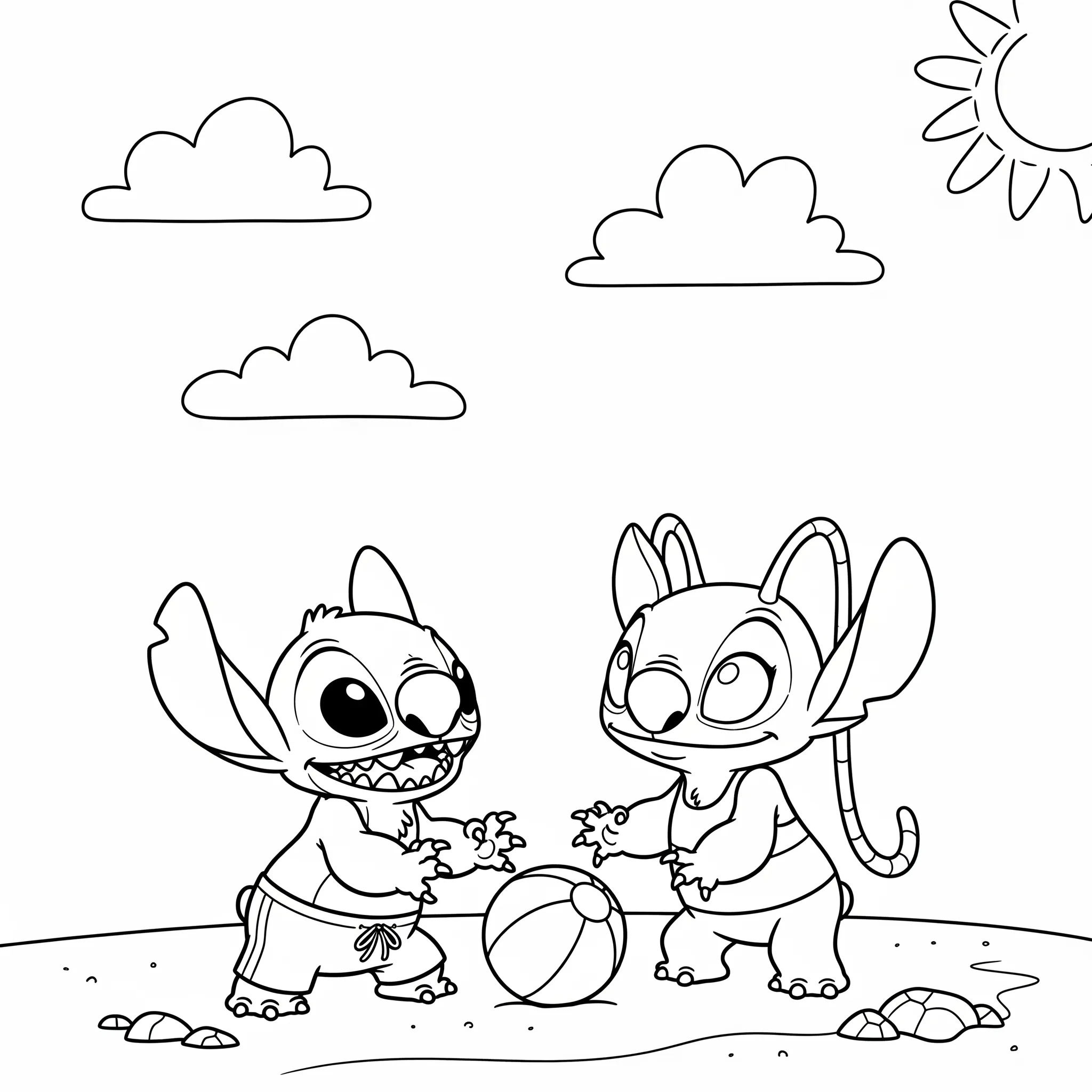 coloriage Stitch et Angel jouant au ballon sur la plage à imprimer pour enfant de 12 ans